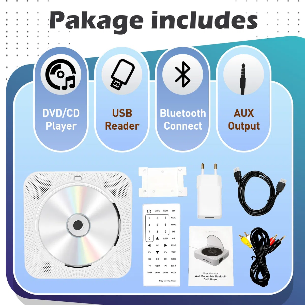 Przenośny odtwarzacz DVD/CD z Bluetooth, wbudowany głośnik Hi-Fi do montażu na ścianie domowe audio Boombox z pilotem zdalnego sterowania HDMI do podłączenia TV radio FM, odtwarzacz USB dla
