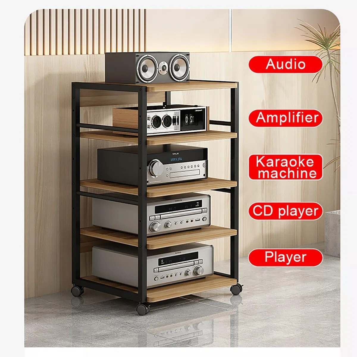 Stojak na sprzęt audio HiFi, 3/4-poziomowy stojak na sprzęt audio-video z kółkami, wielofunkcyjne, drewniane półki z regulacją wysokości, do przechowywania wzmacniacza/dekodera TV/drukarki (styl