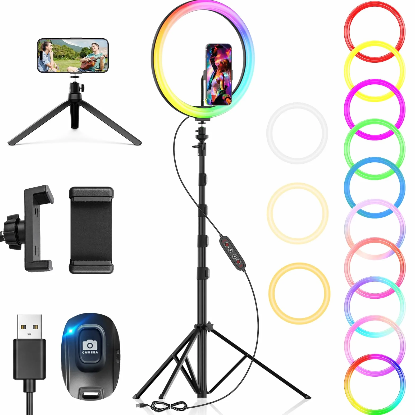 PEYOU Lampa pierścieniowa do selfie 30,5 cm ze statywem i uchwytem na telefon, wysokość 186 cm, lampa pierścieniowa na biurko, 48 kolorów RGB, ulepszona 3 w 1, ściemniana, regulowana prędkość