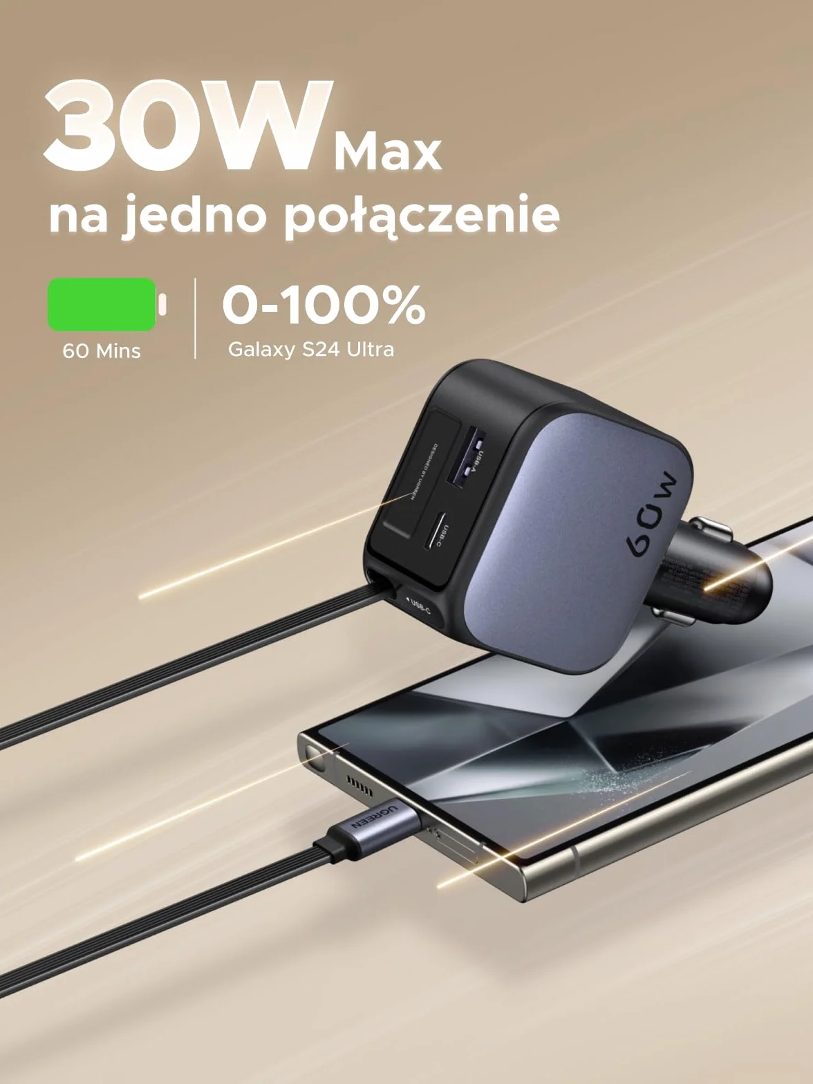 UGREEN 3-portowa zapalniczka samochodowa 60W Chowana ładowarka USB C 12V do iPhone 17/16/15 Galaxy S25/24