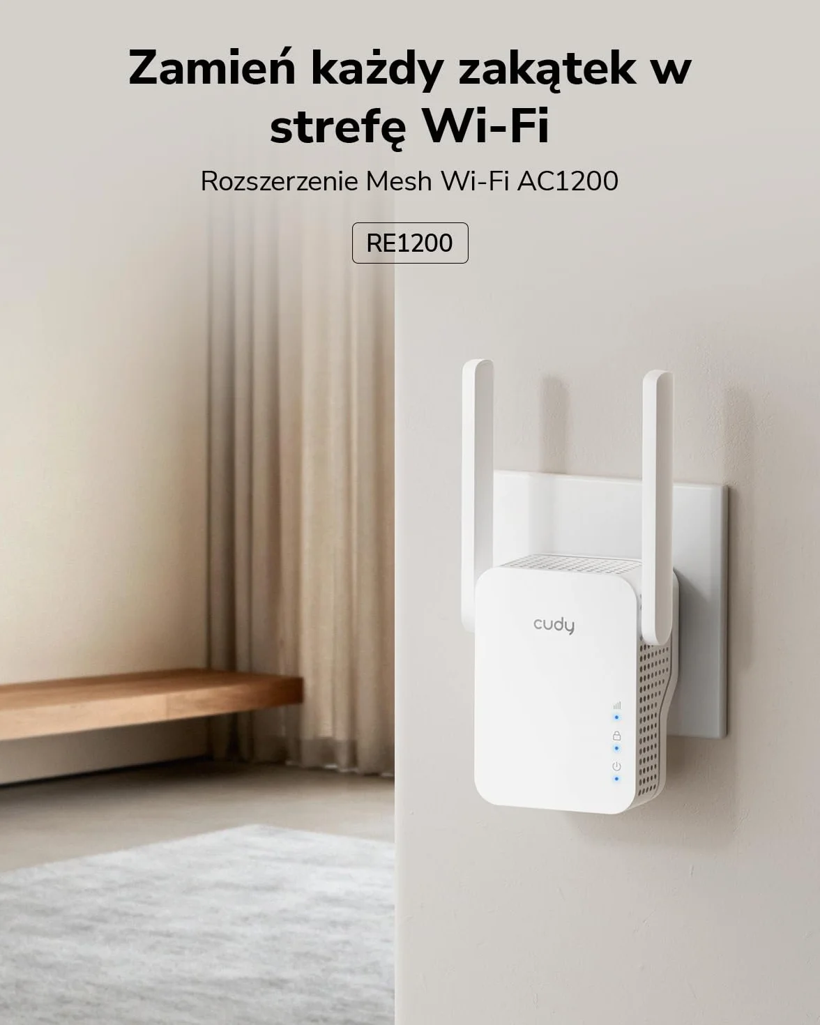 Cudy AC1200 Mesh - Wzmacniacz WiFi Mesh1200Mbps 5GHz/2,4GHz, Wzmacniacz WiFi Extender z wtyczką, wskaźnik sygnału, anteny wewnętrzne, biały RE1200
