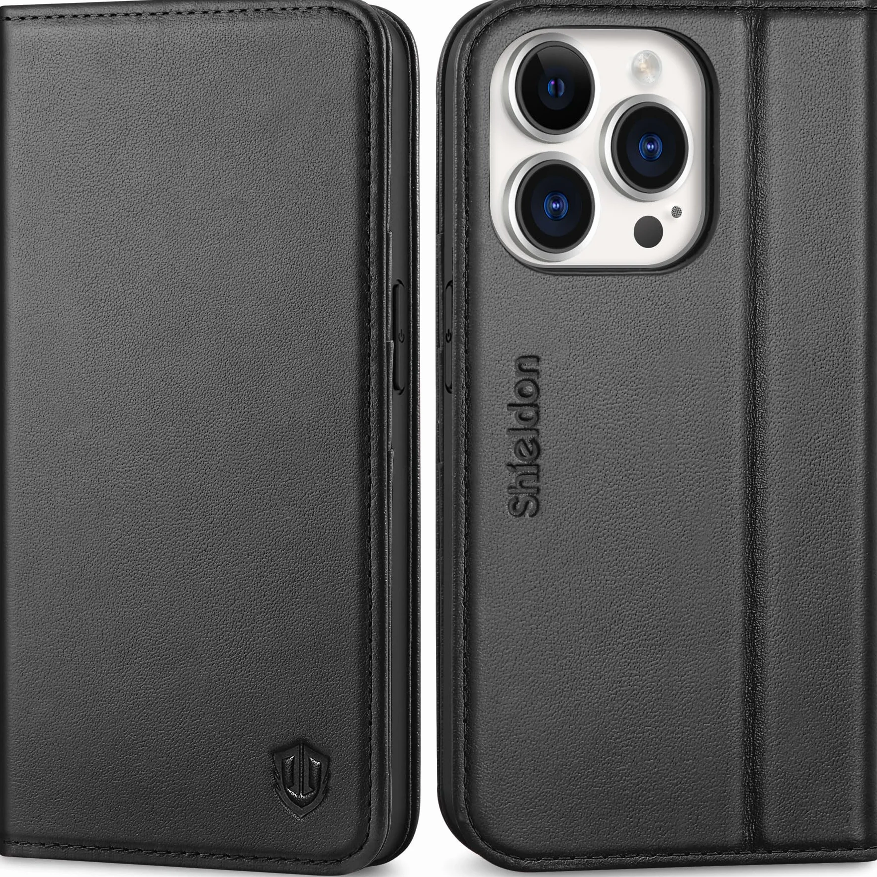 SHIELDON Etui do iPhone 14 Pro 5G, skórzane magnetyczne RFID, odporne etui TPU czarne