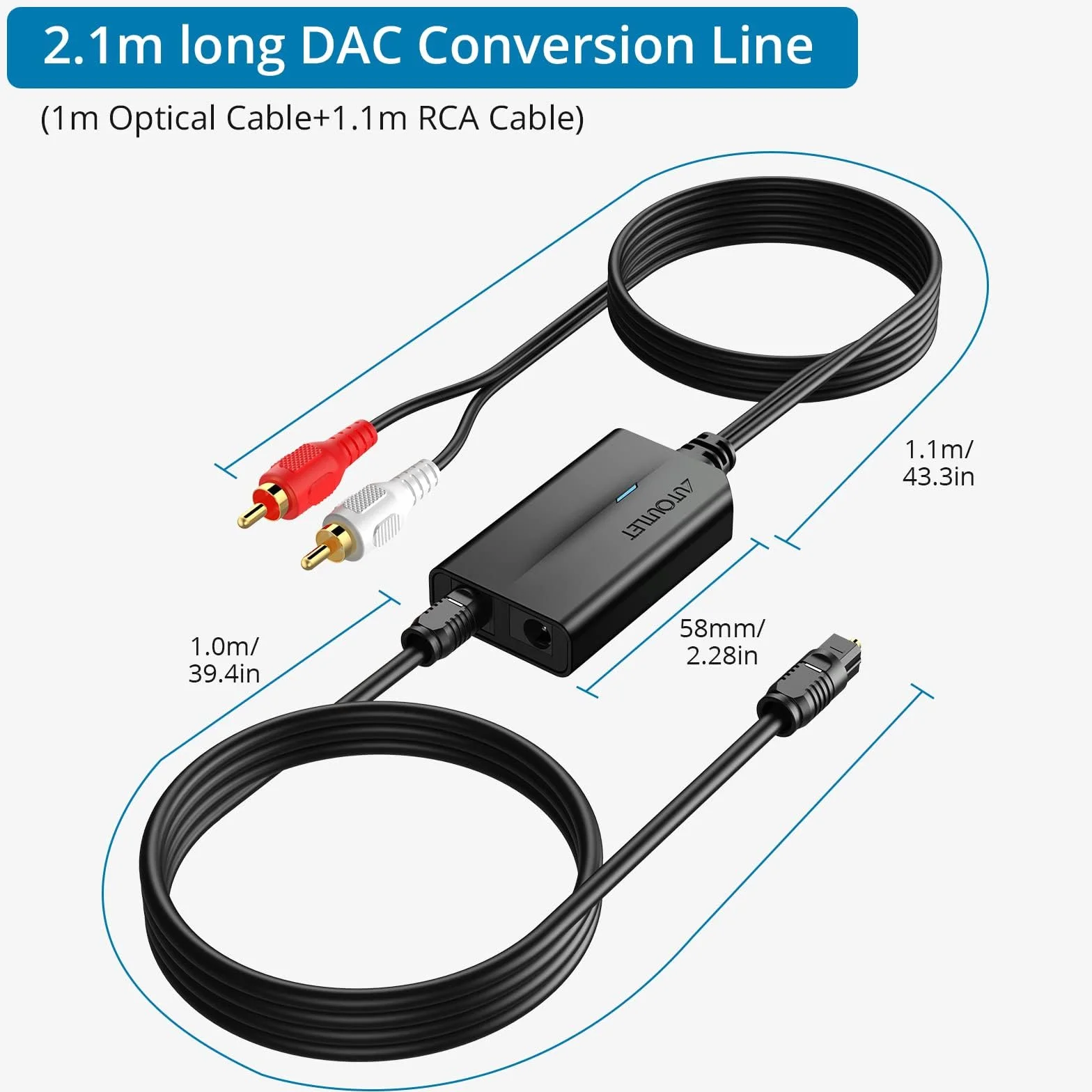 AUTOUTLET Przetwornik DAC 192 kHz konwerter audio SPDIF Toslink do RCA z kablem optycznym 1 m
