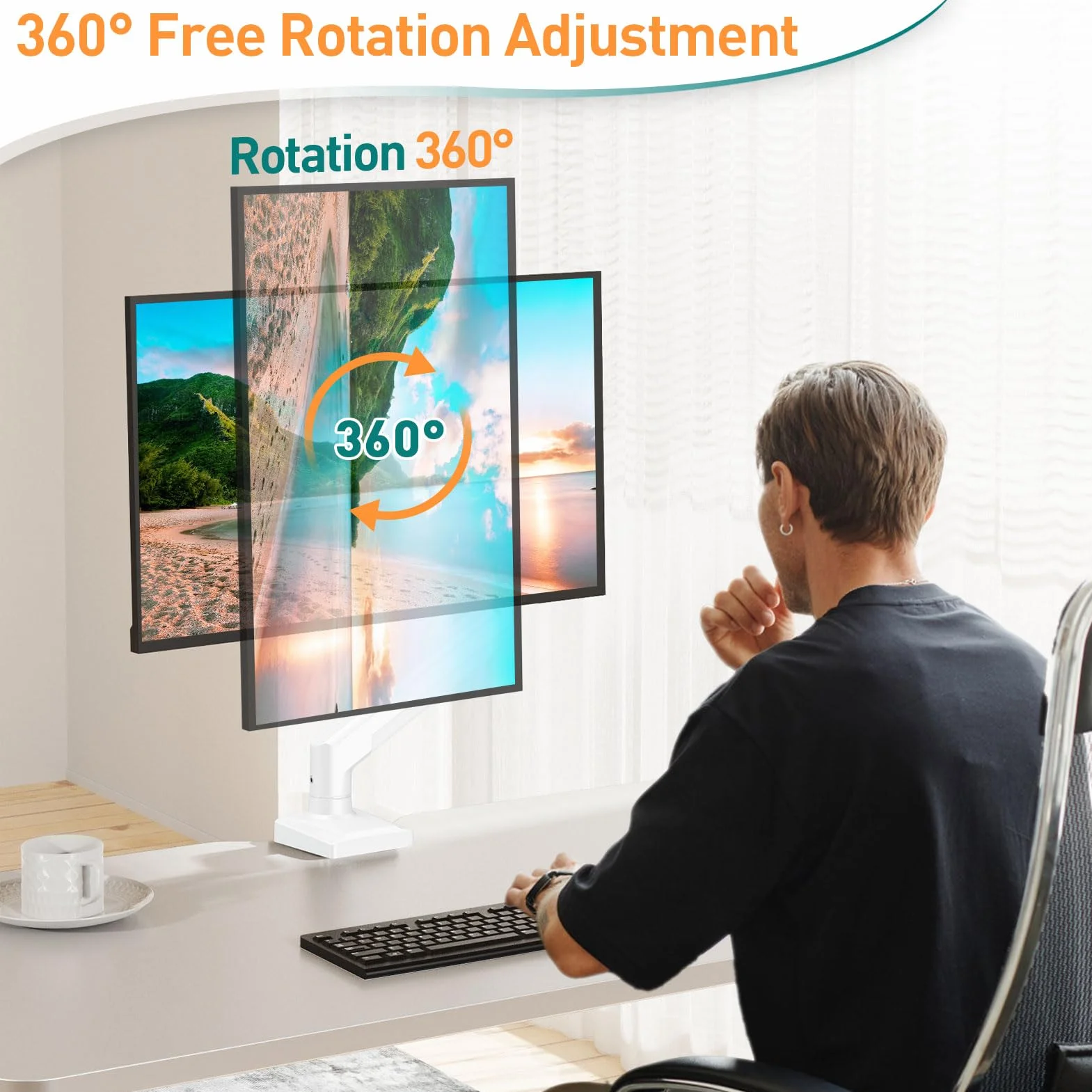 ELIVED Pojedyncze ramię monitora do większości monitorów 13-32 cali z VESA 75 x 75 / 100 x 100 mm do 9 kg, ramię sprężyny gazowej obracane o 360° z zaciskiem C i podstawą przelotkową, uchwyt stojaka