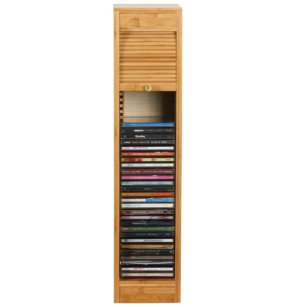 Bambusowy stojak do przechowywania płyt CD półka ekspozycyjna DVD z miedzianym uchwytem biurko do domowego biura mieści 40 płyt CD 15 x 18 x 61 cm