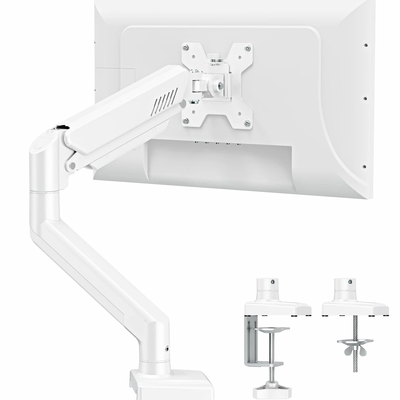 ELIVED Pojedyncze ramię monitora do większości monitorów 13-32 cali z VESA 75 x 75 / 100 x 100 mm do 9 kg, ramię sprężyny gazowej obracane o 360° z zaciskiem C i podstawą przelotkową, uchwyt stojaka