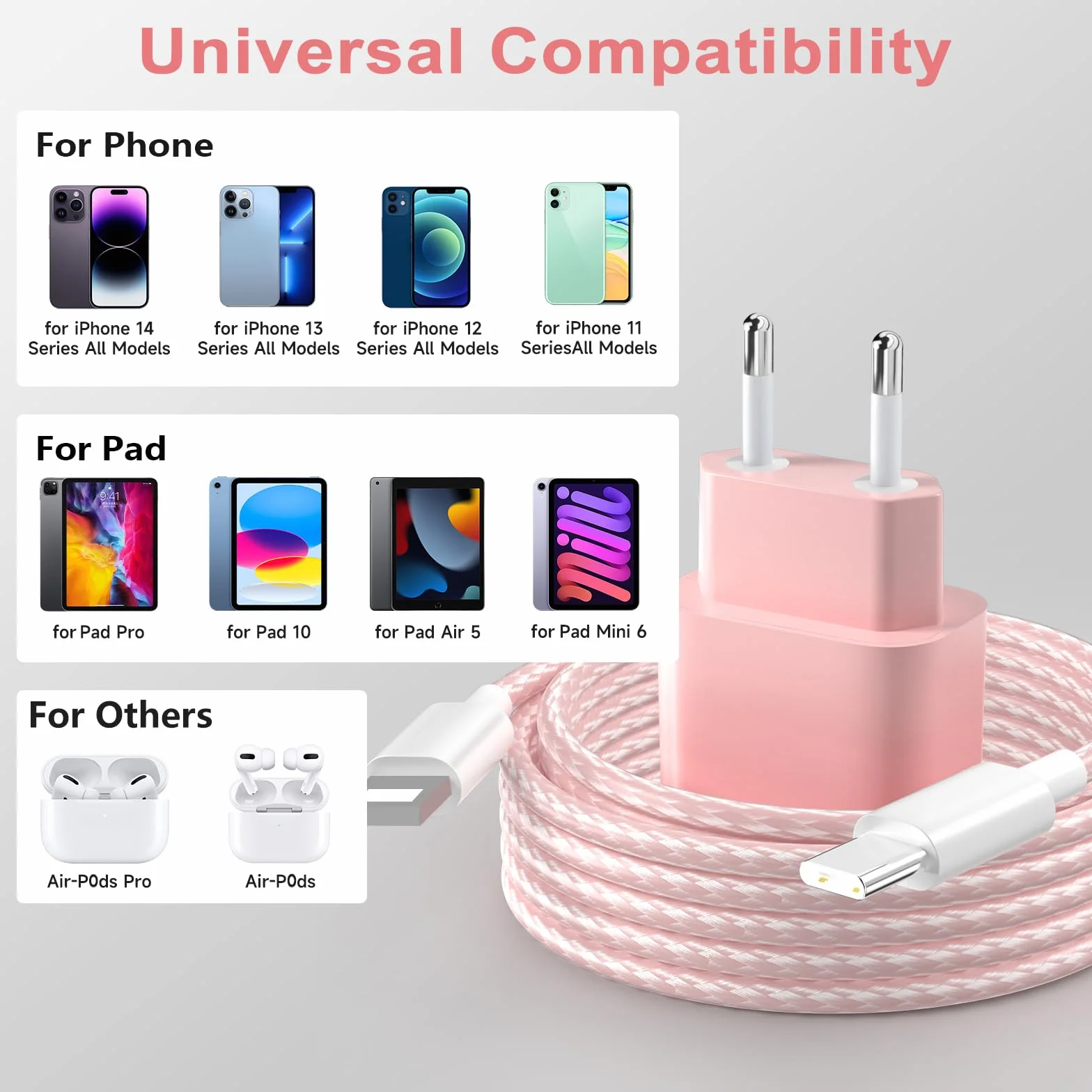 2Pack 20W USB C Ładowarka Phone 14 13, PD3.0 USB-C 20W Szybka Ladowarka i Lighting Kabel Ladowania 2m do Phone 14/14 Plus/14 Pro/14 Pro Max/13/12/11/Mini/SE/Pad - Różowy