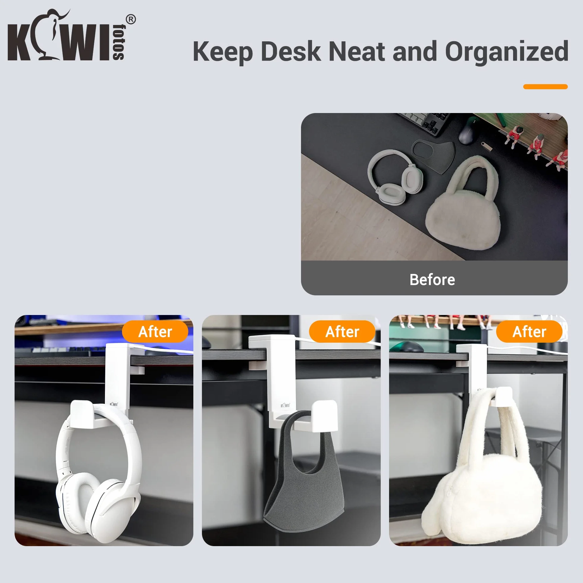 KIWIFOTOS Stojak na słuchawki z obrotowym wieszakiem na słuchawki o 360° + regulowanym zaciskiem sprężynowym, uchwyt na słuchawki do gier na biurko - z USB 3.0 x1 + USB 2.0 x3 - biały
