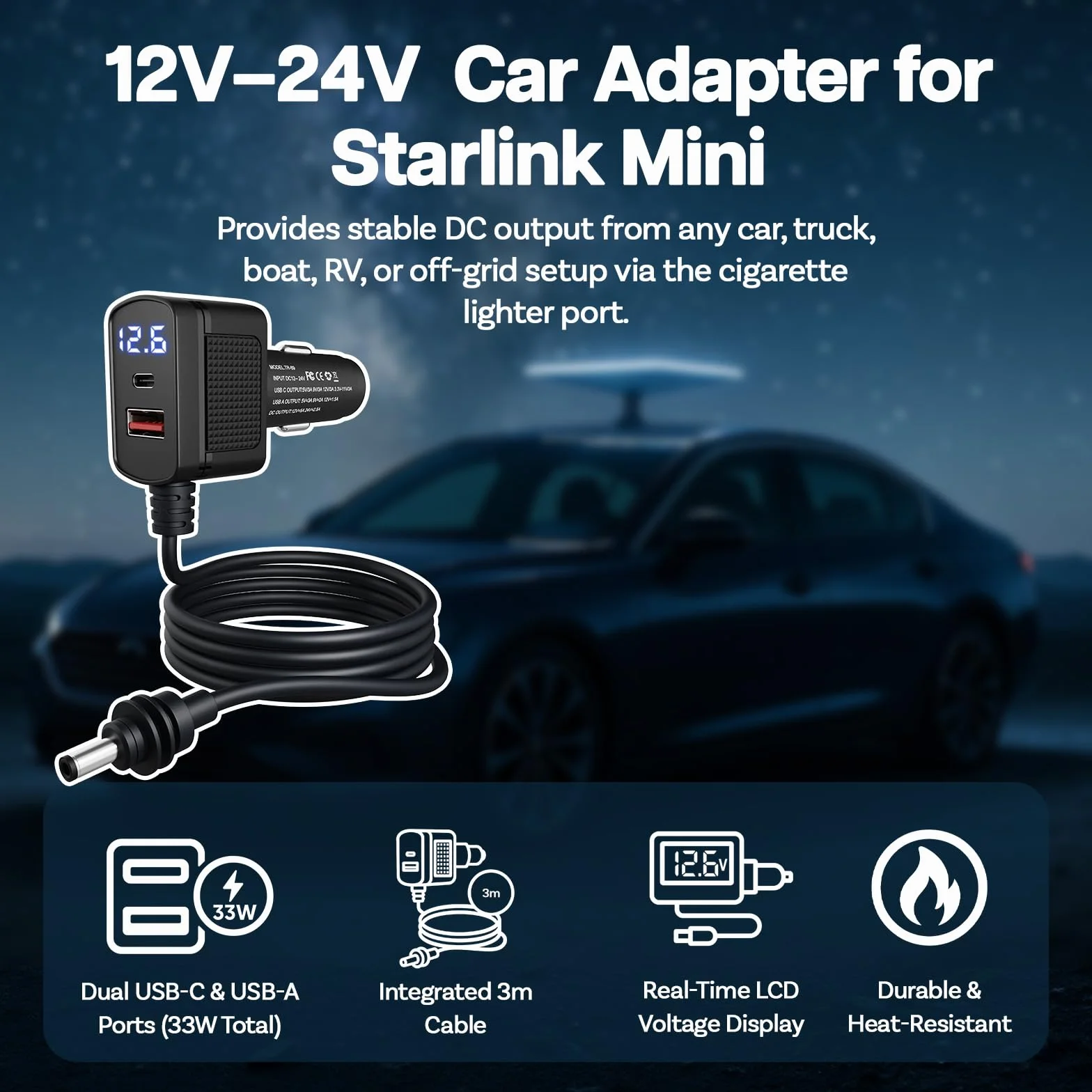 Adapter Samochodowy MMOBIEL do Starlink Mini – Ładowarka USB 12V-24V DC 60W 3M Podwójne Porty USB-C i A 33W Wyświetlacz Napięcia LCD