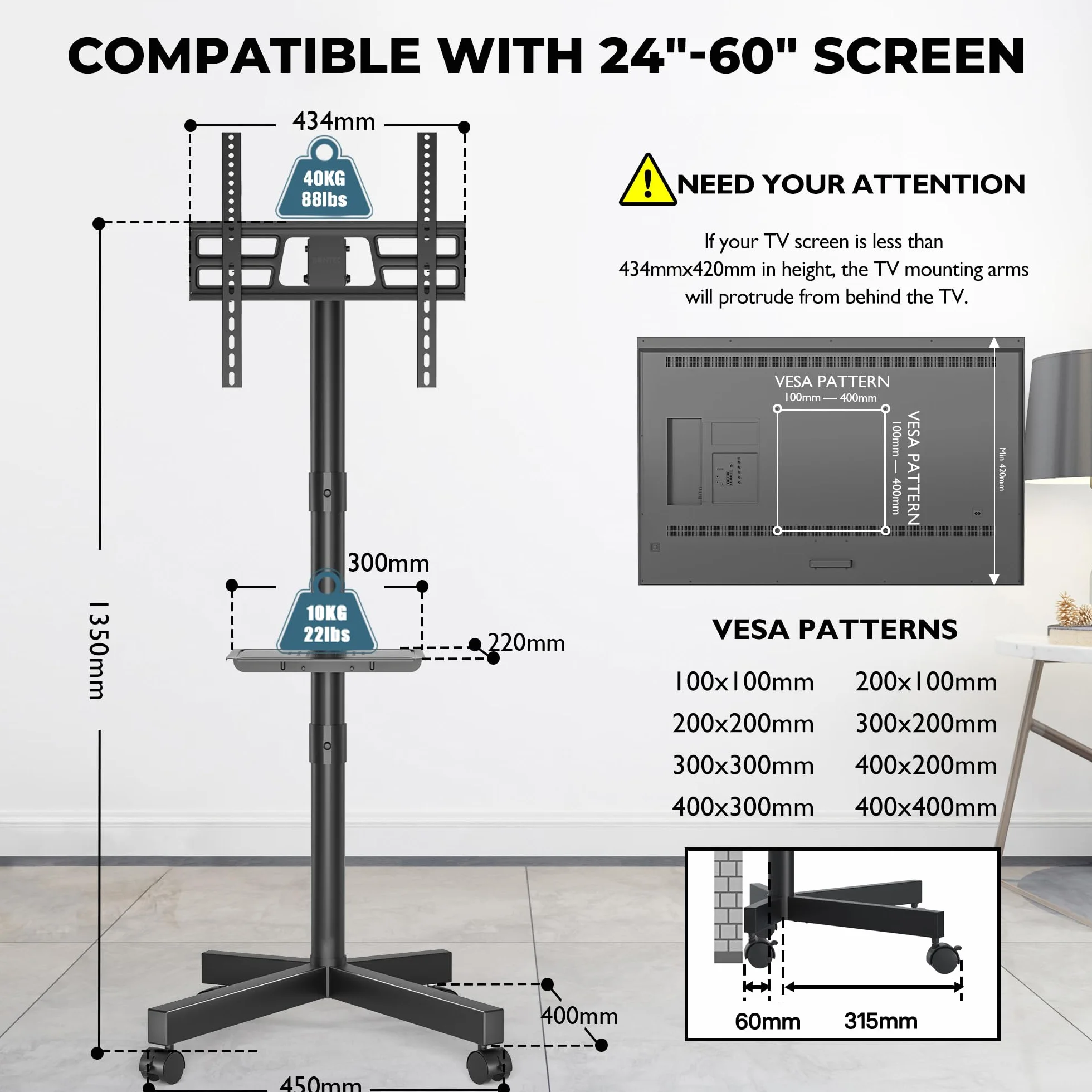 BONTEC Mobilny Stojak na Telewizor na Kółkach 23-60 cali, Regulowany, VESA 400x400 mm, Nośność 25 kg