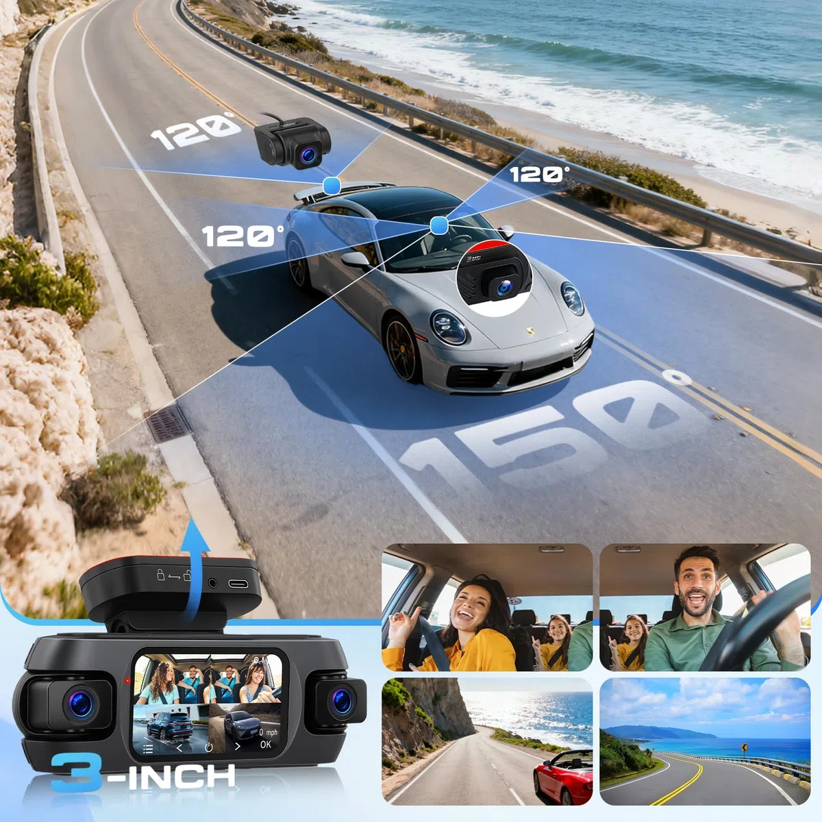 Hodozzy 4-kanałowa kamera samochodowa z Wi-Fi i aplikacją, kamera samochodowa 4K z nagrywaniem w pętli, 3" GPS z noktowizorem, czujnik G, tryb parkowania, wykrywanie ruchu, pomoc w cofaniu + karta TF