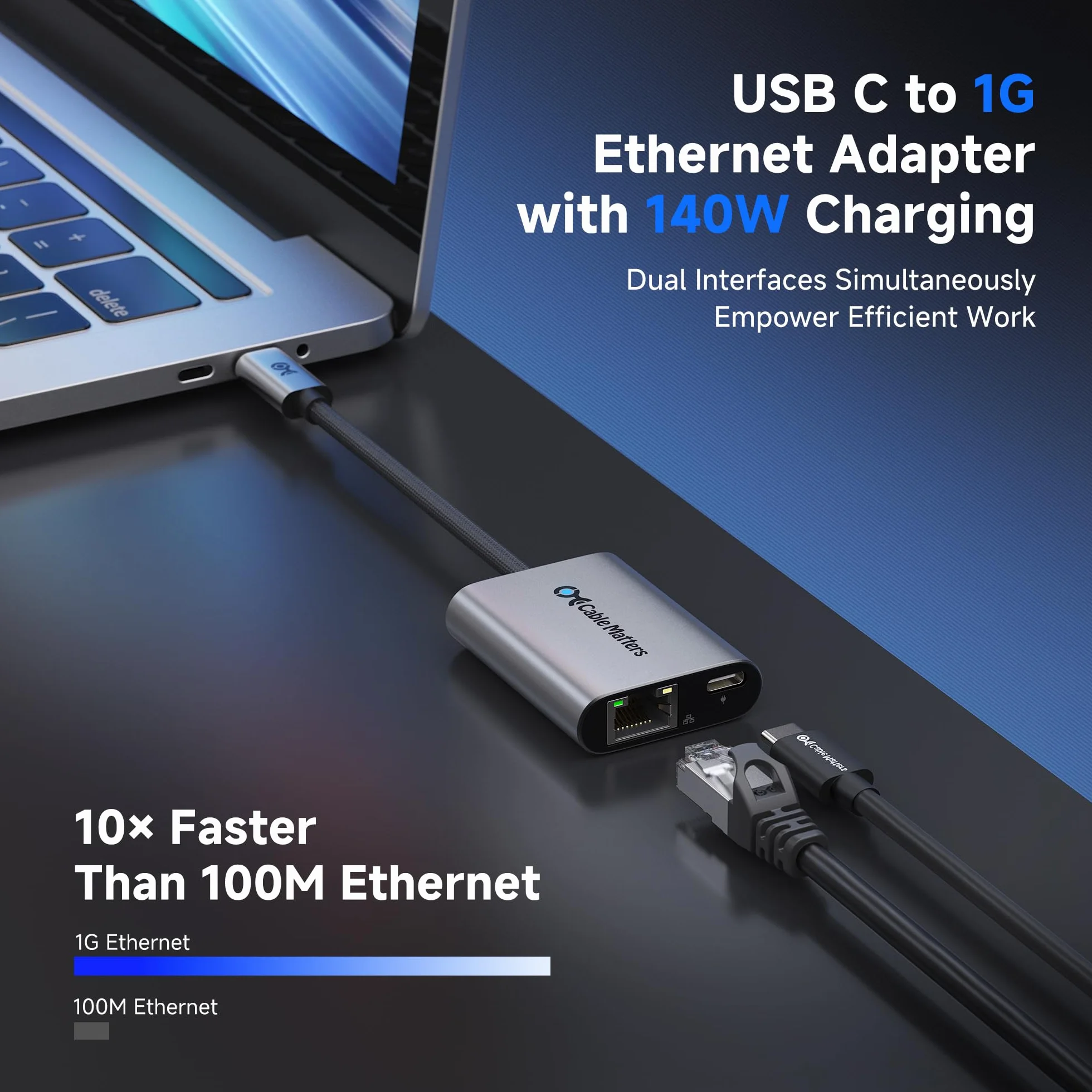 Cable Matters adapter USB-C do Ethernet Gigabit z ładowaniem 140W PD, USB-C na RJ45 LAN, kompatybilny z MacBook Pro, Dell XPS, Surface, Chromecast z Google TV (2020+) do 480Mb/s