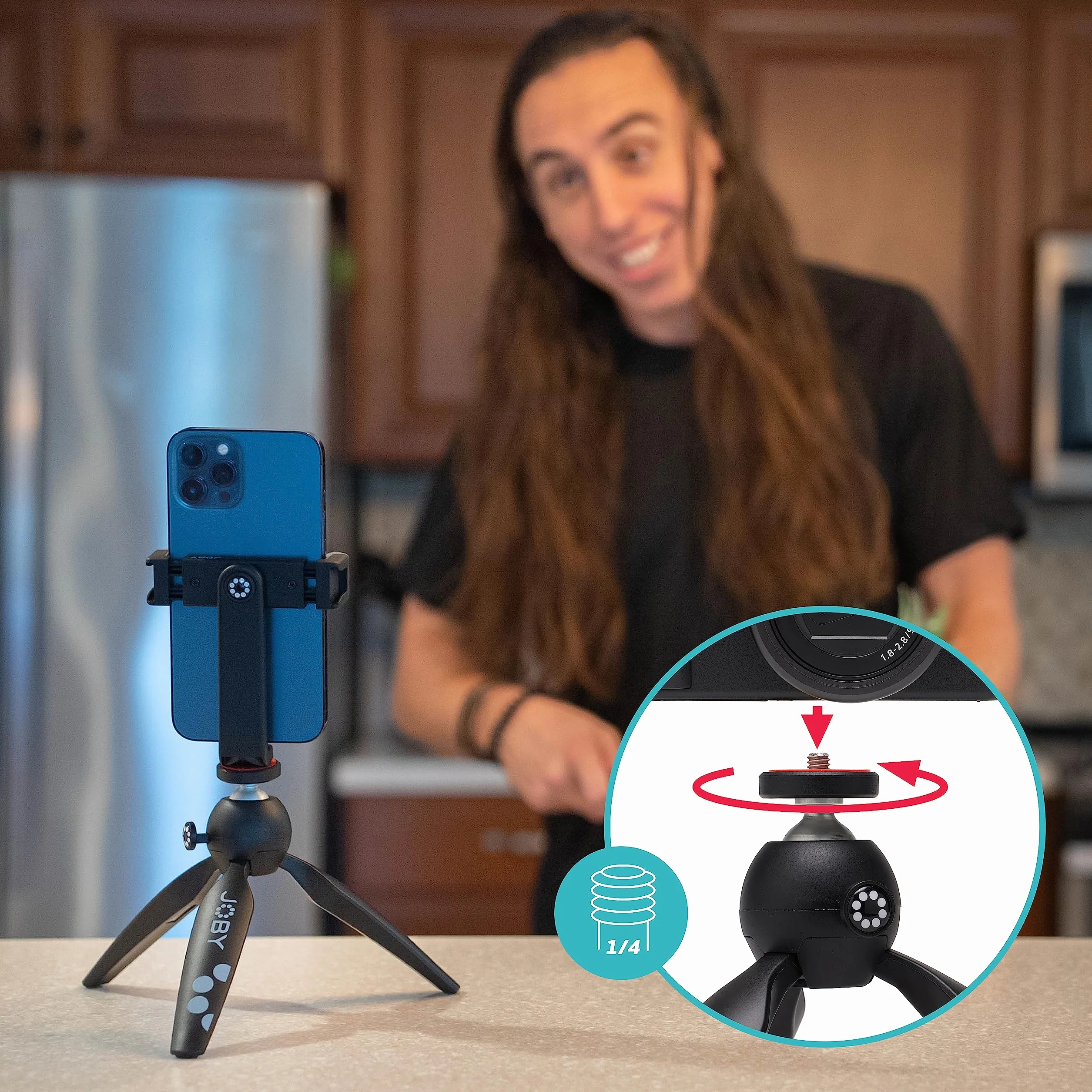 JOBY HandyPod 2 zestaw, statyw stołowy z uchwytem na telefon GripTight 360 i mocowaniem przegubowym, statyw do telefonów do smartfonów, kamery akcji i aparatów bezlusterkowych lub urządzeń do 1,0 kg,
