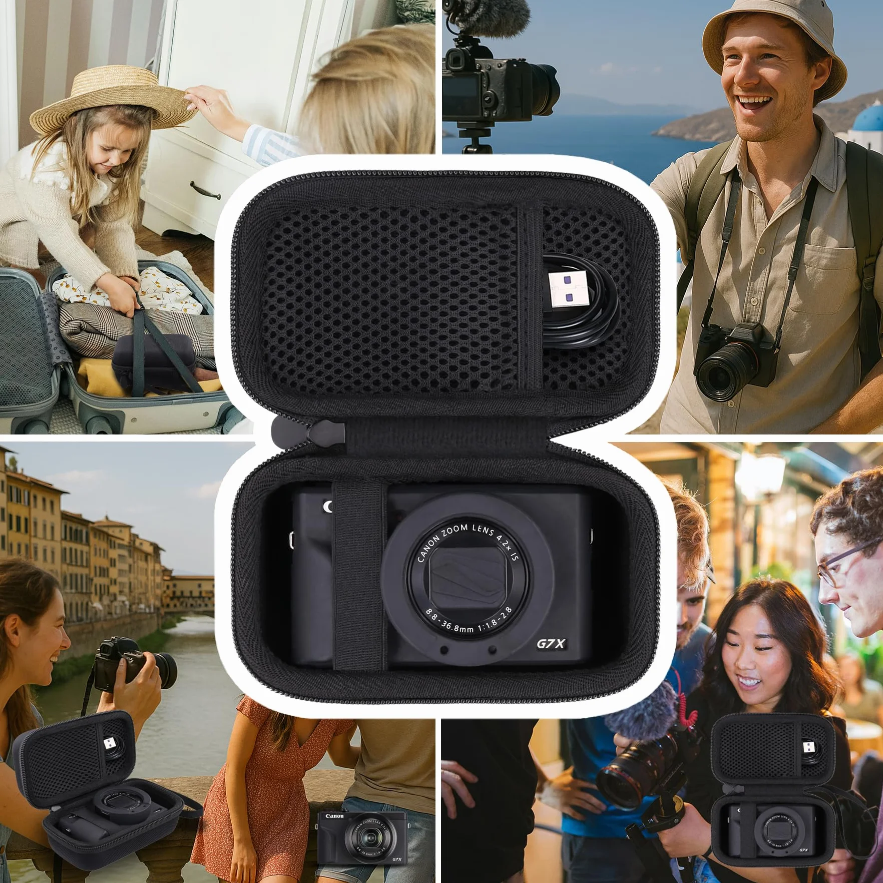 Khanka Do Canon PowerShot SX740 HS/G7 X Mark II/Mark III/V1 Aparat cyfrowy twardy futerał podróżny z uchwytem i paskiem na ramię, tylko etui, czarny, 15.4 x 9.3 x 8 cm, Swobodny