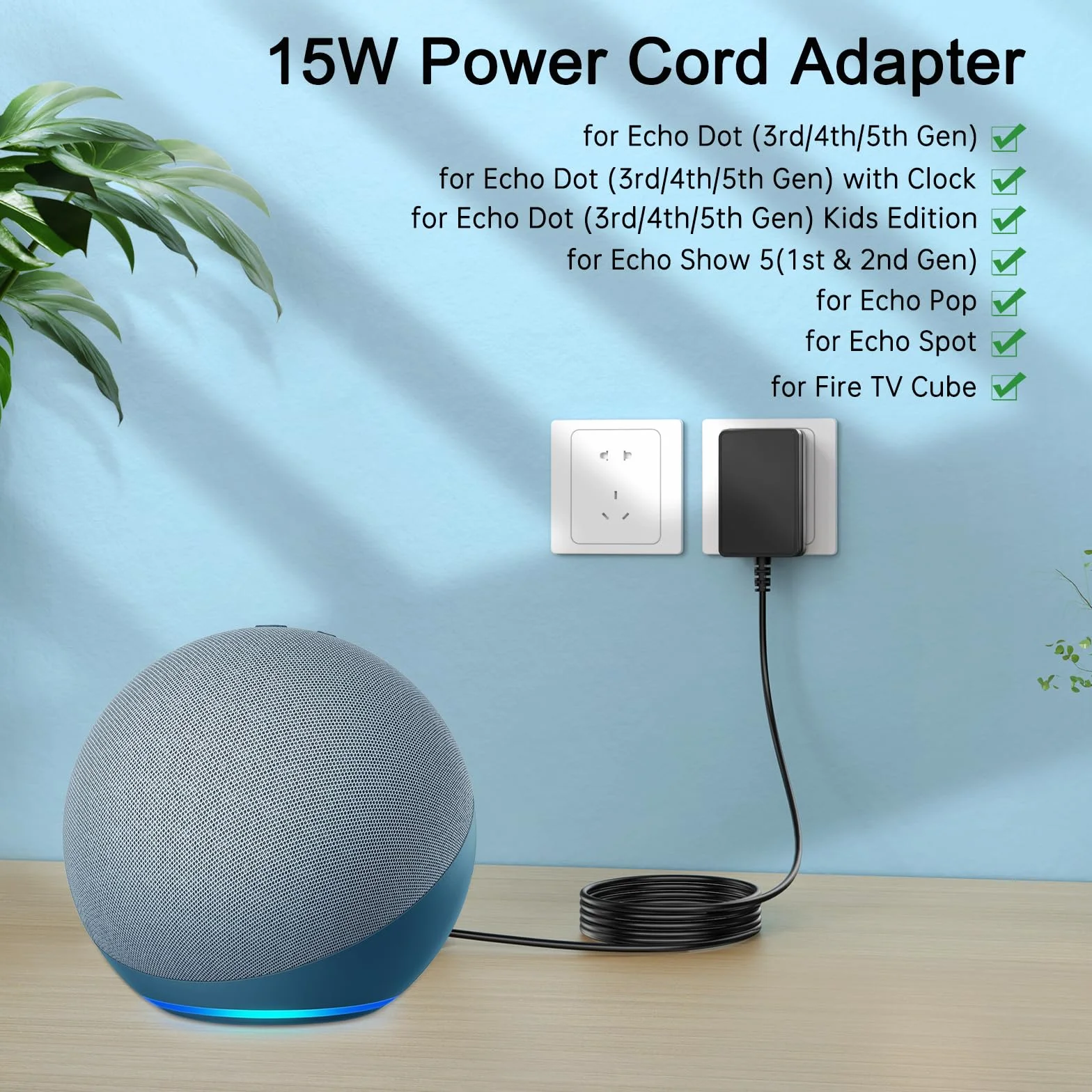 Zasilacz sieciowy 15 W do Echo Dot 3. 4. 5. gen, Show 5 1. 2. gen, Spot, Dot 3., Fire TV Cube, Echo Pop 2023