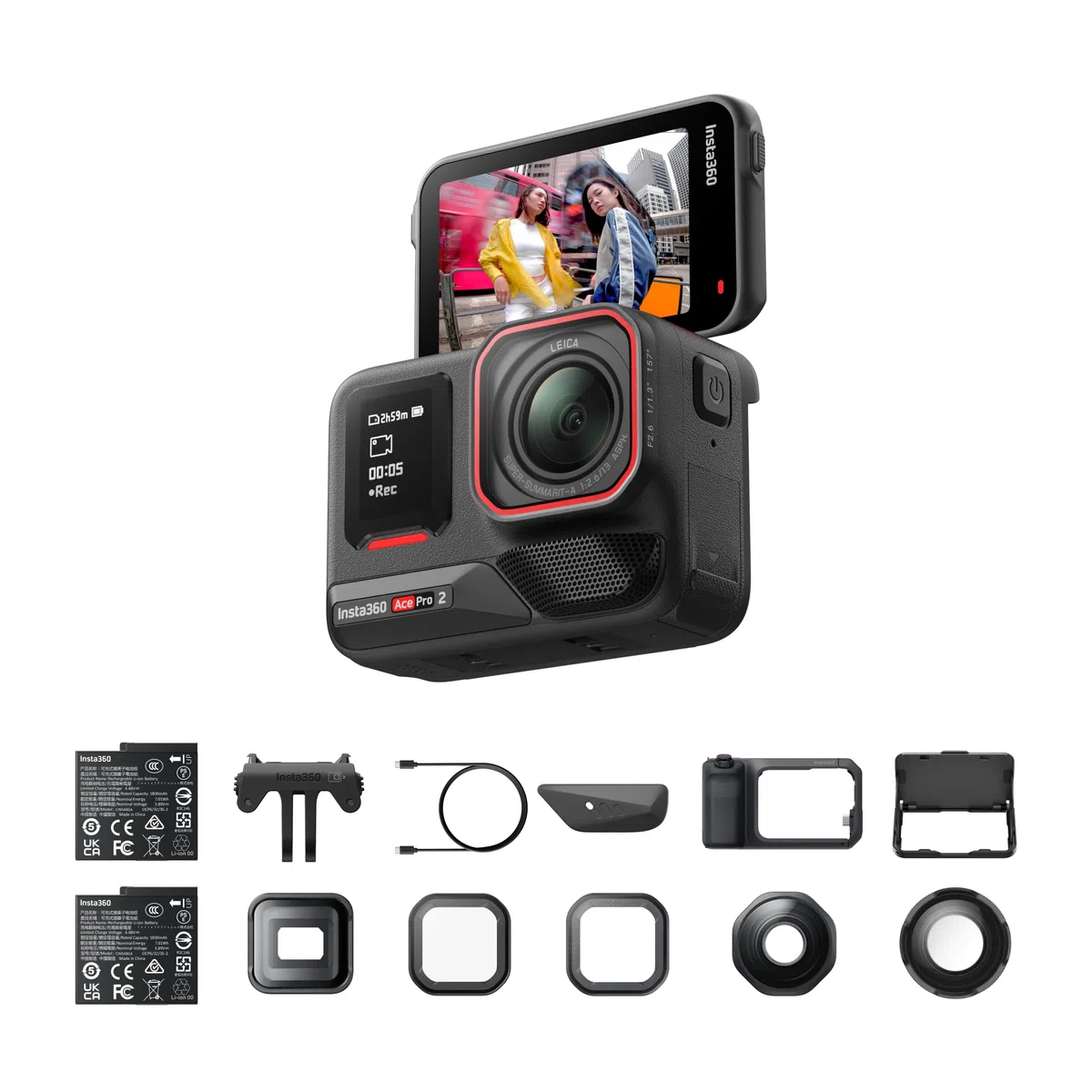 Insta360 Ace Pro 2 Ultimate Videography Bundle – wodoodporna kamera sportowa 8K współpracuje z Leica, czujnik 1/3.3 cm, podwójny chip AI, wiodące słabe światło, wszechstronny zestaw obiektywów do