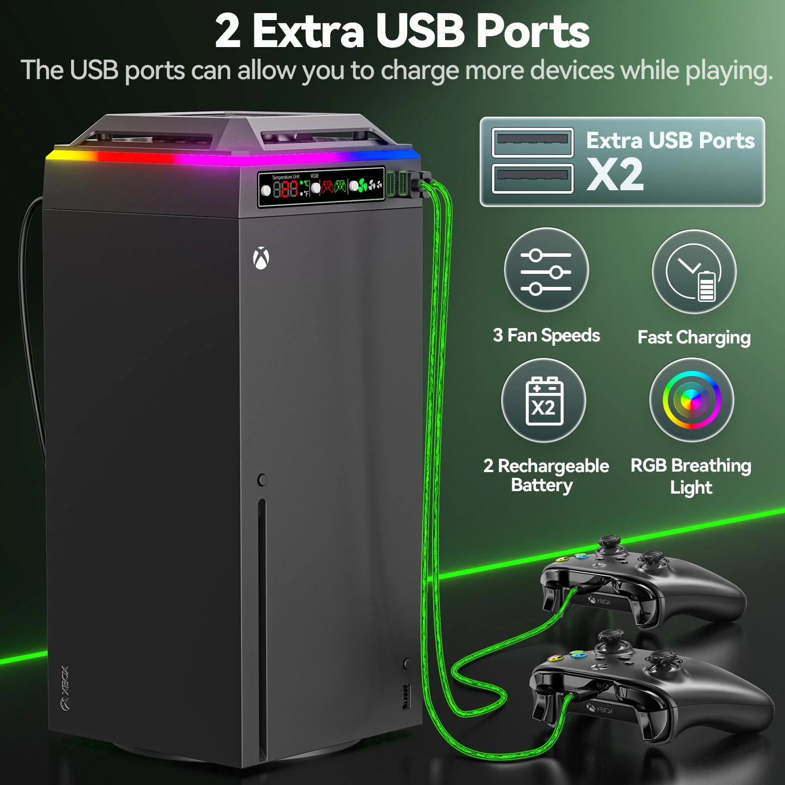 Tokluck Wentylator do konsoli Xbox Series X ze światłem RGB, stacja ładująca z 2 x 2640 mWh Xbox Controller akumulator do Xbox Series/One-X/S/Elite, chłodnica Xbox Series X z 2 portami USB do