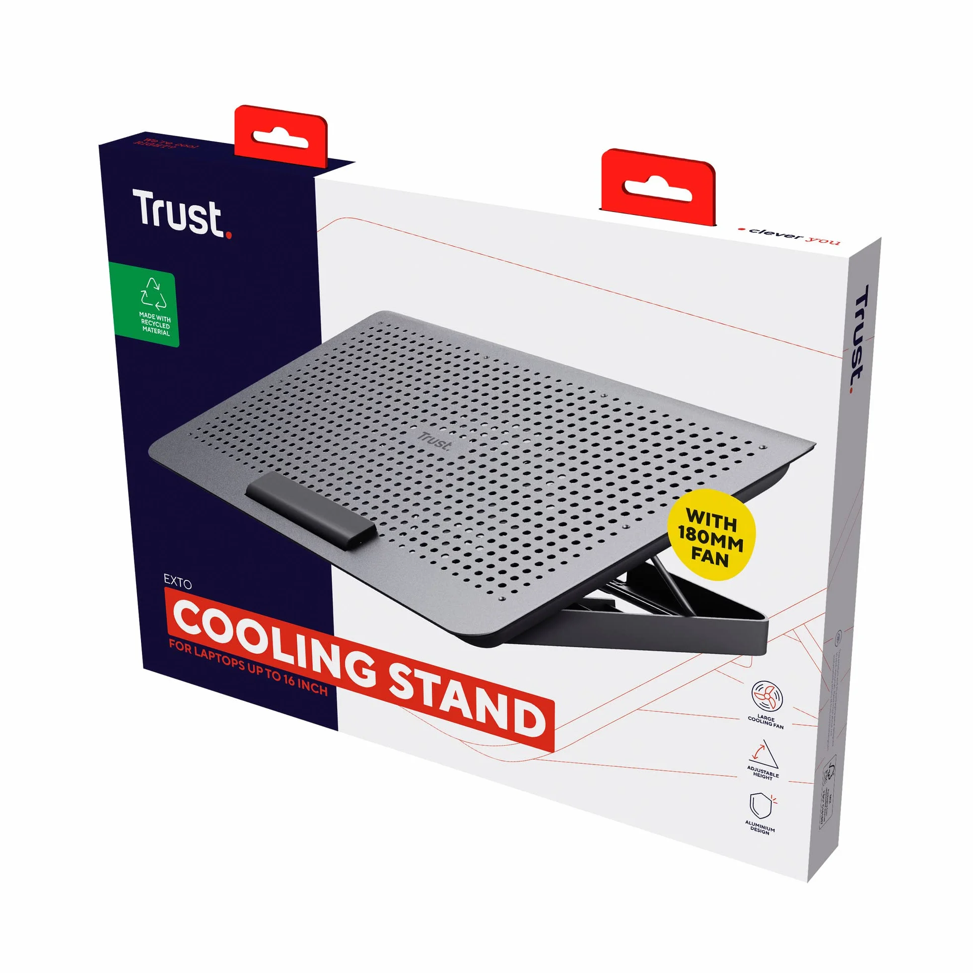 Trust Exto Stojak na laptopa 40.6 cm, zrównoważona podkładka chłodząca, riser z wentylatorem USB i regulowaną wysokością, 8 poziomów, wykonany z materiałów pochodzących z recyklingu, wentylowany