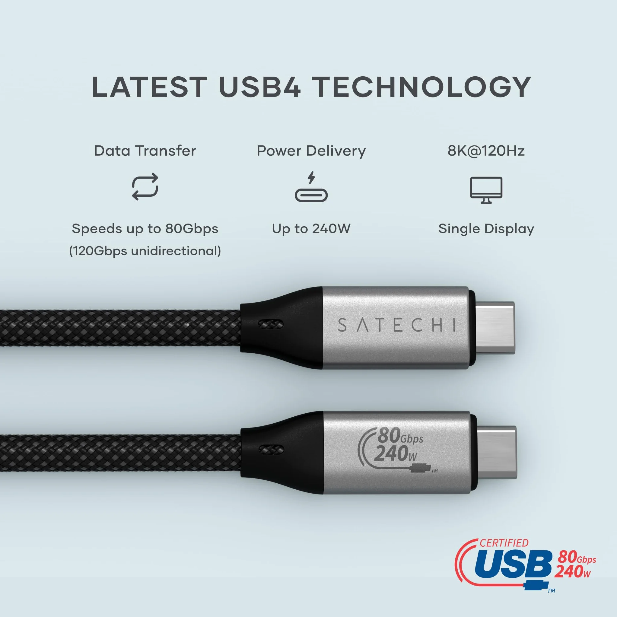 SATECHI USB4 V2 Pro Kabel USB-C 1.2m 120Gbps 240W 8K@60Hz Thunderbolt 5/4/3