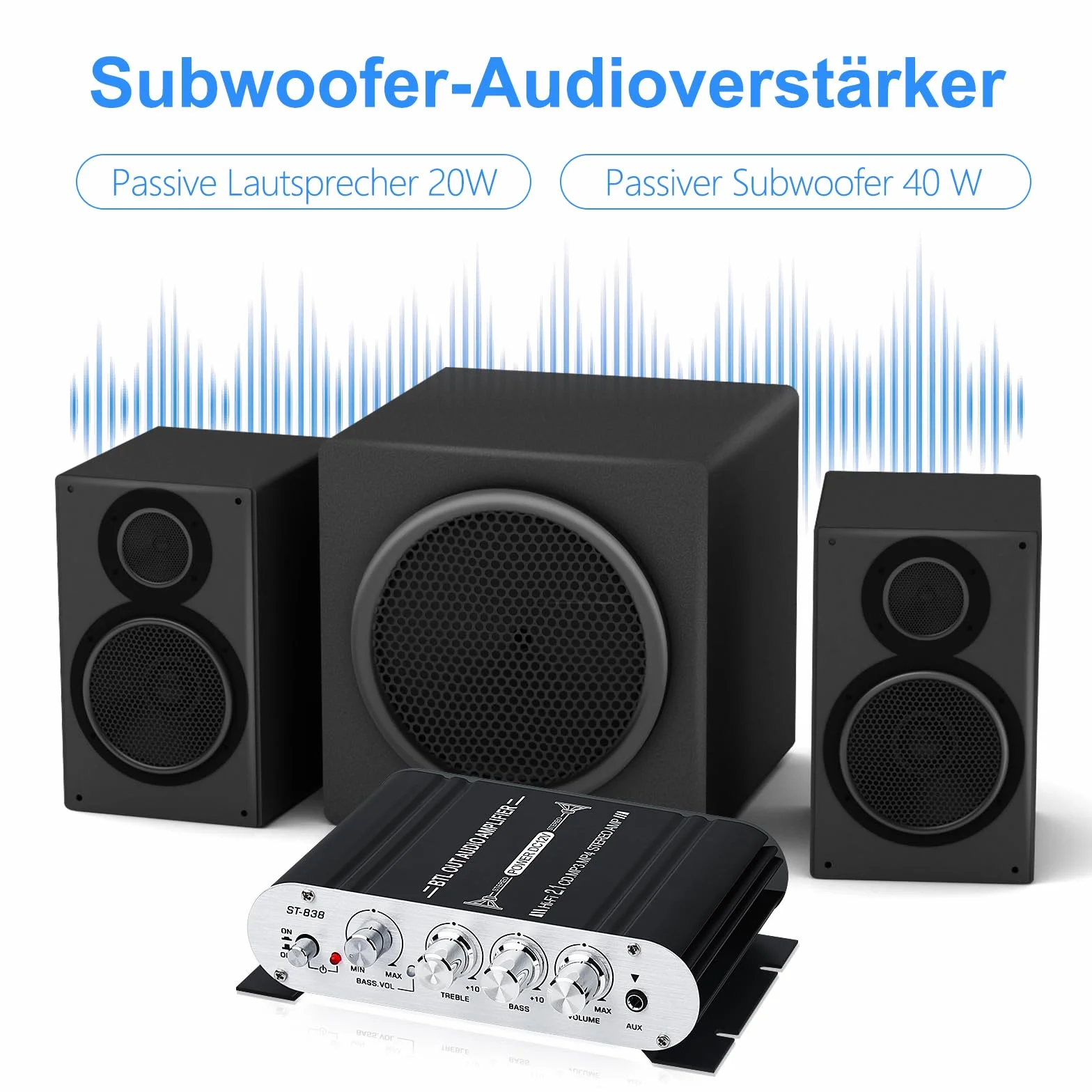 Wzmacniacz audio HiFi, wzmacniacz stereo 2.1 CH, RMS 20 W x 2 + 40 W ST-838 z wyjściem subwoofera, klasa D mini wzmacniacz cyfrowy z AUX do domu, czarny (z adapterem