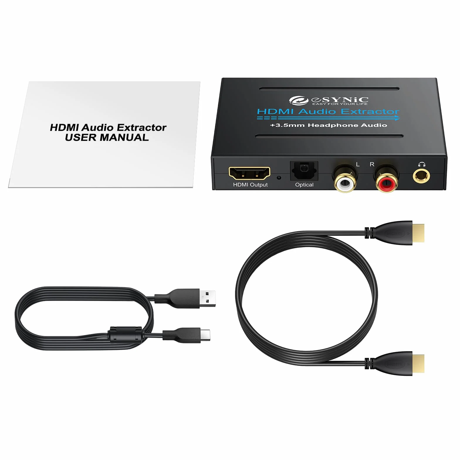 eSynic Profesjonalny ekstraktor HDMI audio, adapter optyczny 4K HDMI, rozdzielacz audio z SPDIF, L/R i wyjściem 3,5 mm do PCM2.0, Dolby, DTS5.1