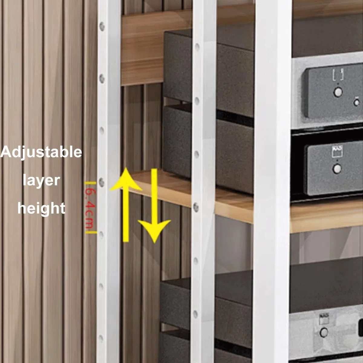 Regał Metalowy Stabilny Stojak Audio z Drewna Konstrukcyjnego + Stal, Stojak na Sprzęt Audio Minimalistyczny Wieża na Sprzęt Audio z Kółkami 3 Rozmiary 2 Kolory(White+natural,4 layer)