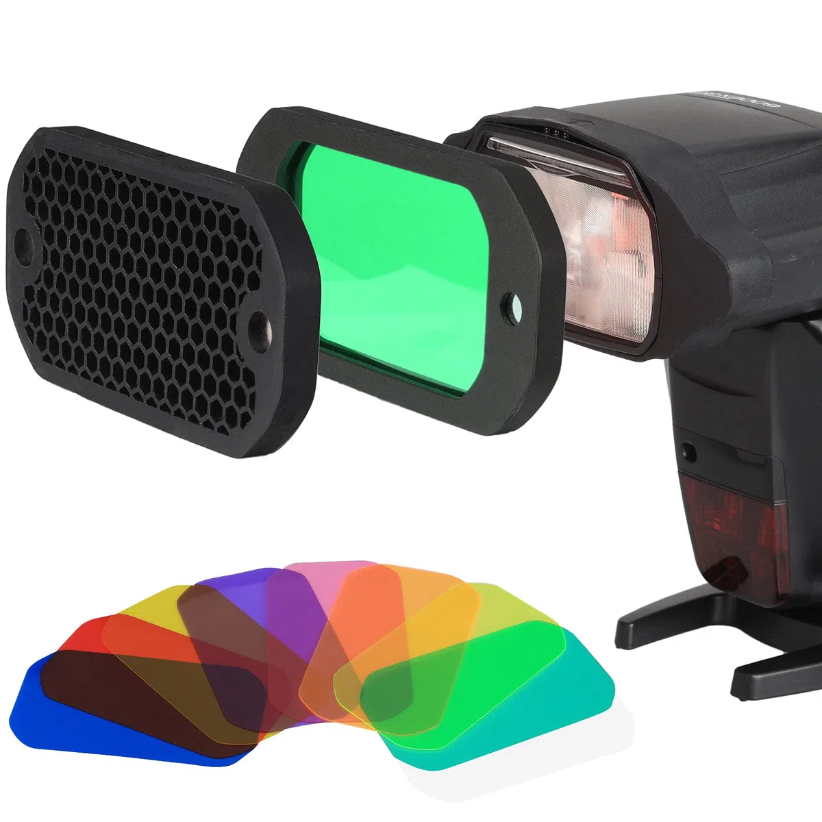AODELAN Zestaw filtrów żelowych Flash, uniwersalna siatka o strukturze plastra miodu z 8 kolorowymi filtrami świetlnymi Speedlite do aparatu Canon Nikon Sony Godox Yongnuo lampa błyskowa
