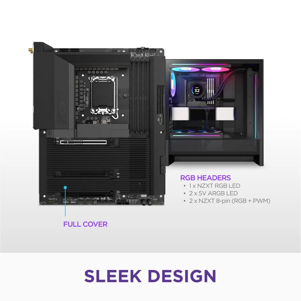 NZXT N7 Z890 - Płyta Główna ATX Intel Z890 LGA 1851 - Czarny | Płyta główna Intel Z890 ATX pod Core Ultra Series 2. Wi-Fi, PCIe 5.0, DDR5 i pełna metalowa osłona RGB. Czysta, mocna baza.