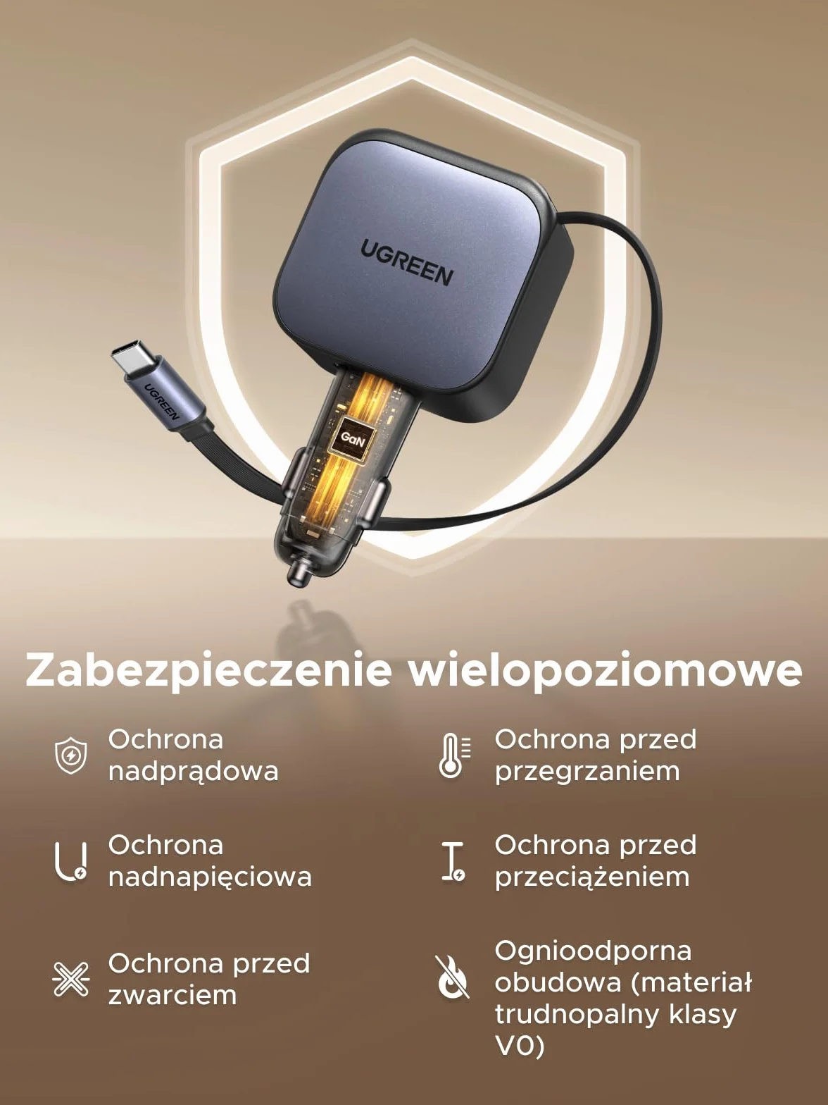 UGREEN 3-portowa zapalniczka samochodowa 60W Chowana ładowarka USB C 12V do iPhone 17/16/15 Galaxy S25/24