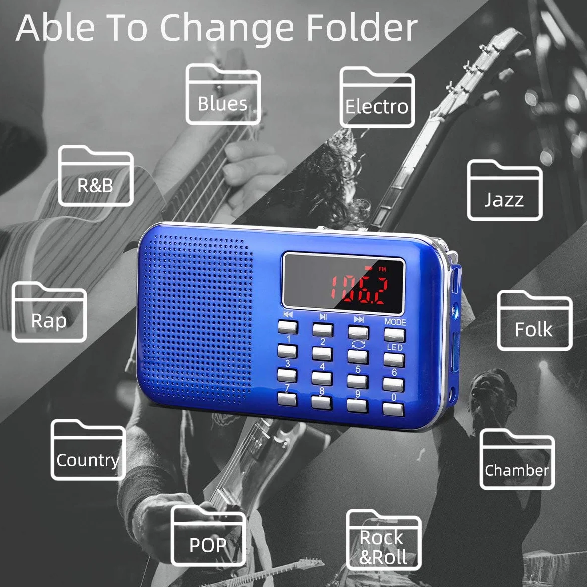 PRUNUS J-908 Przenośne radio AM FM na baterie z latarką awaryjną, mini ładowalne radio USB/TF MP3 niebieski