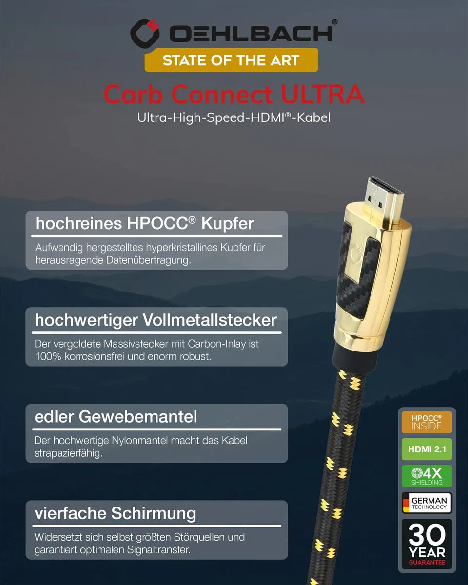 OEHLBACH Kabel Carb Connect Ultra High Speed HDMI 2.1-48 Gb/s, 8K/60Hz, 4K/120Hz, monokrystaliczna miedź HPOCC, styki pozłacane 24-karatowym złotem, 4-drożne ekranowanie, pełne metalowe złącze