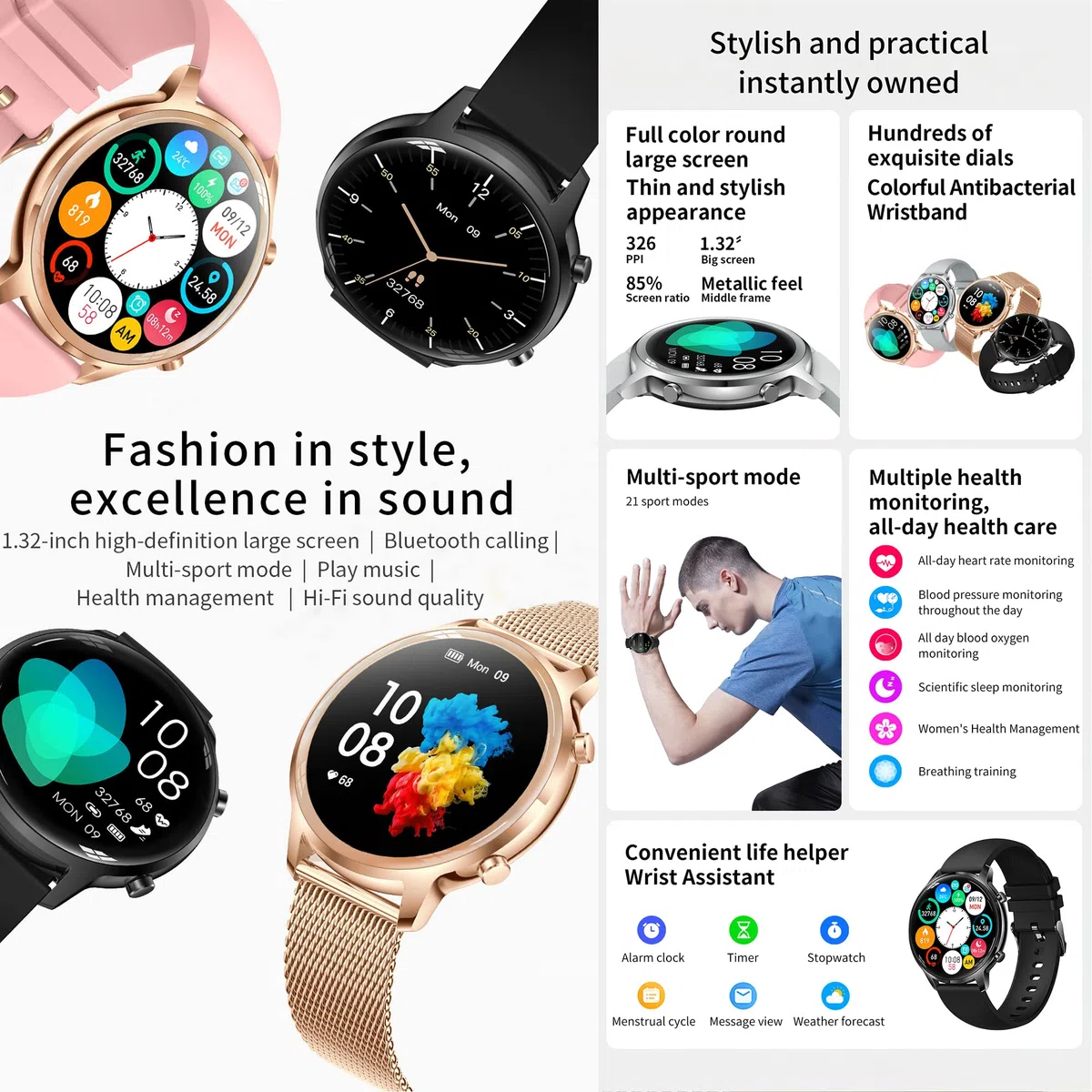 Smartwatch męski z funkcją telefonu, 2022 1,32" HD, ekran dotykowy, Bluetooth, IP67 Fitness Tracker SpO2, pulsometr, monitor snu, kalorie, Android iOS (czarny)