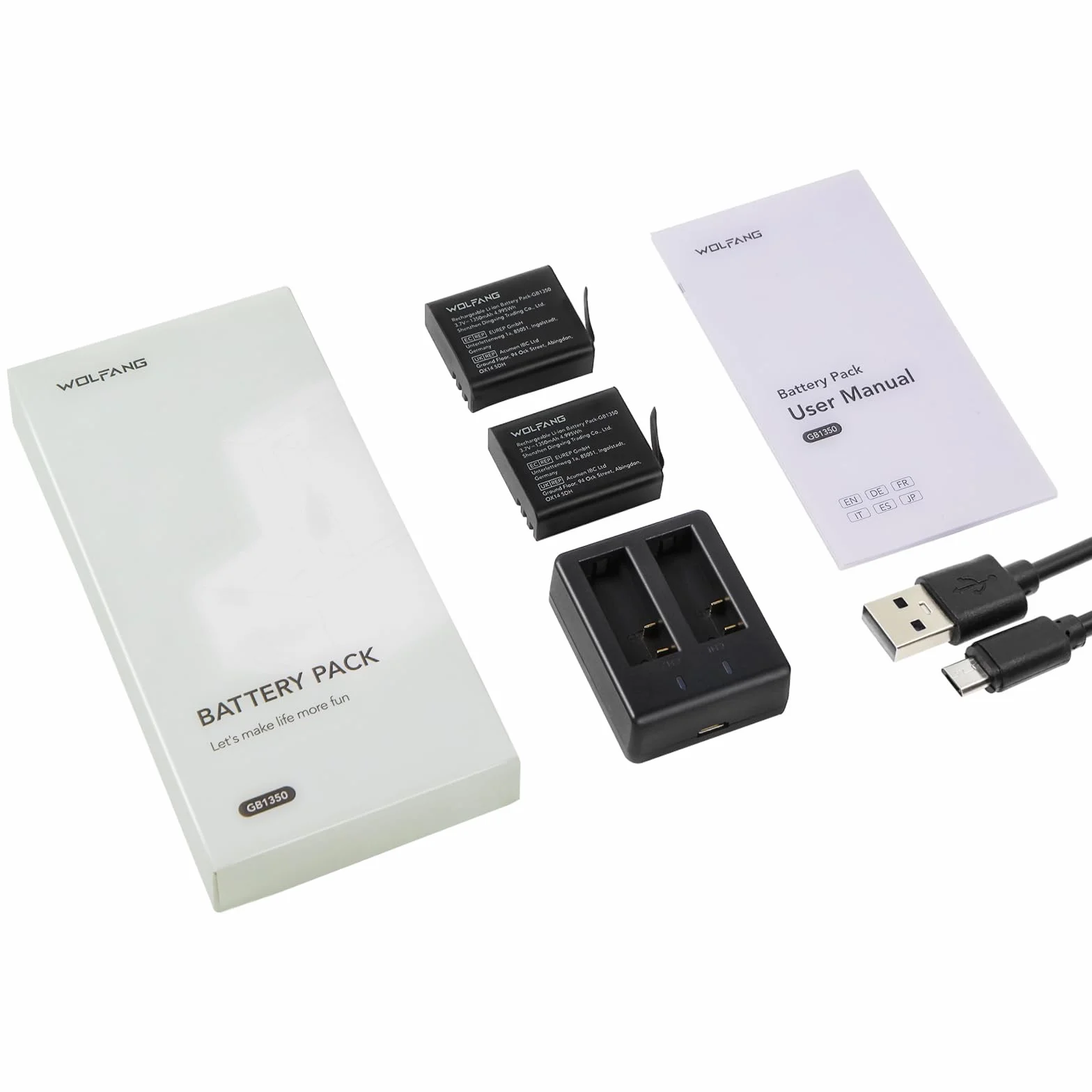 WOLFANG Podwójna Ładowarka z 2 Bateriami 1350mAh, Stacja Ładowania USB-C do Kamer Sportowych GA100, GA120, GA200, GA300, SF230, EK7000