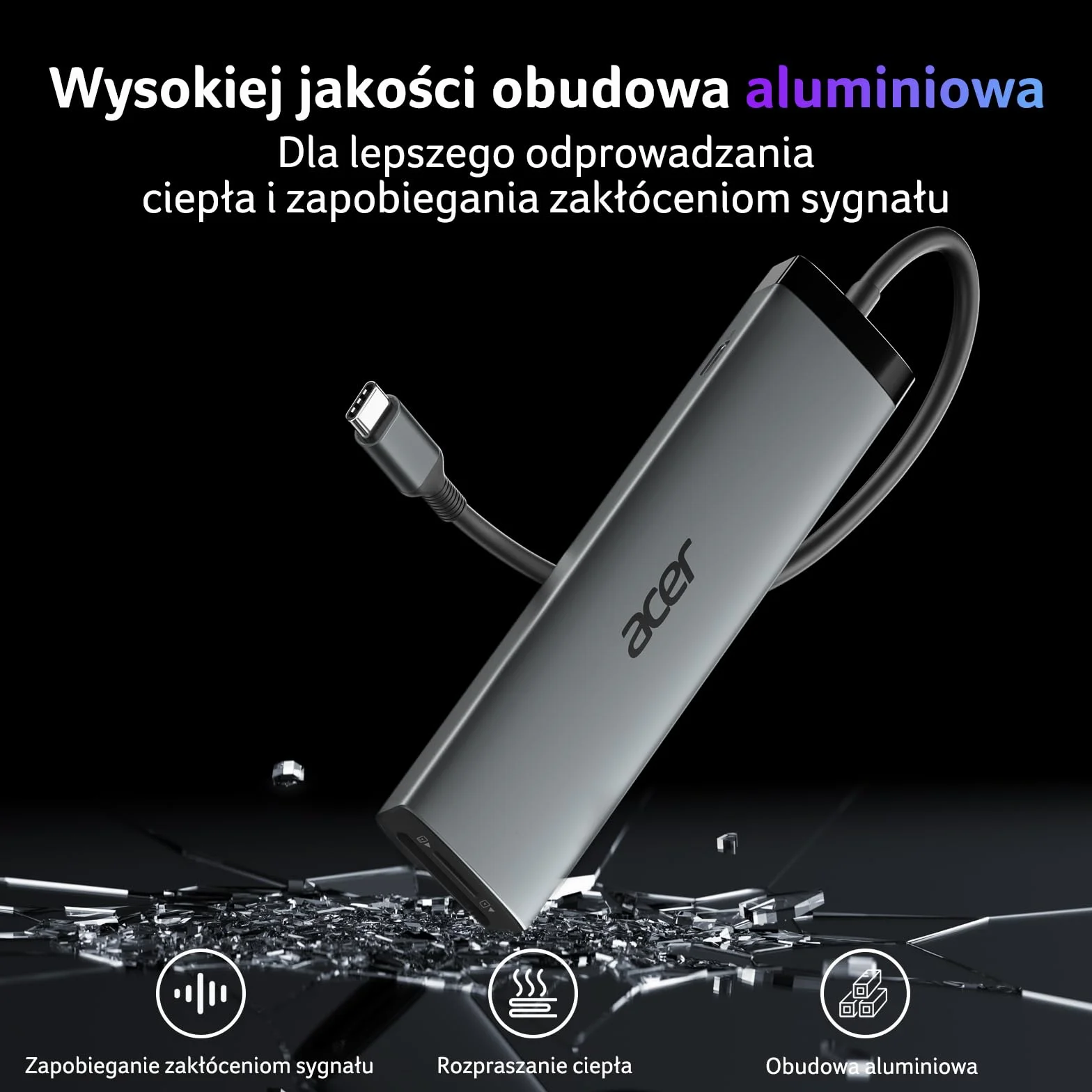 Acer 8 w 1 Hub USB-C 10Gbps Adapter USB-C do HDMI 4K@60Hz 2×USB-C 3.2 2×USB A 3.0 Port PD 100W Rozdzielacz wieloportowy typu C z czytnikiem kart SD/TF