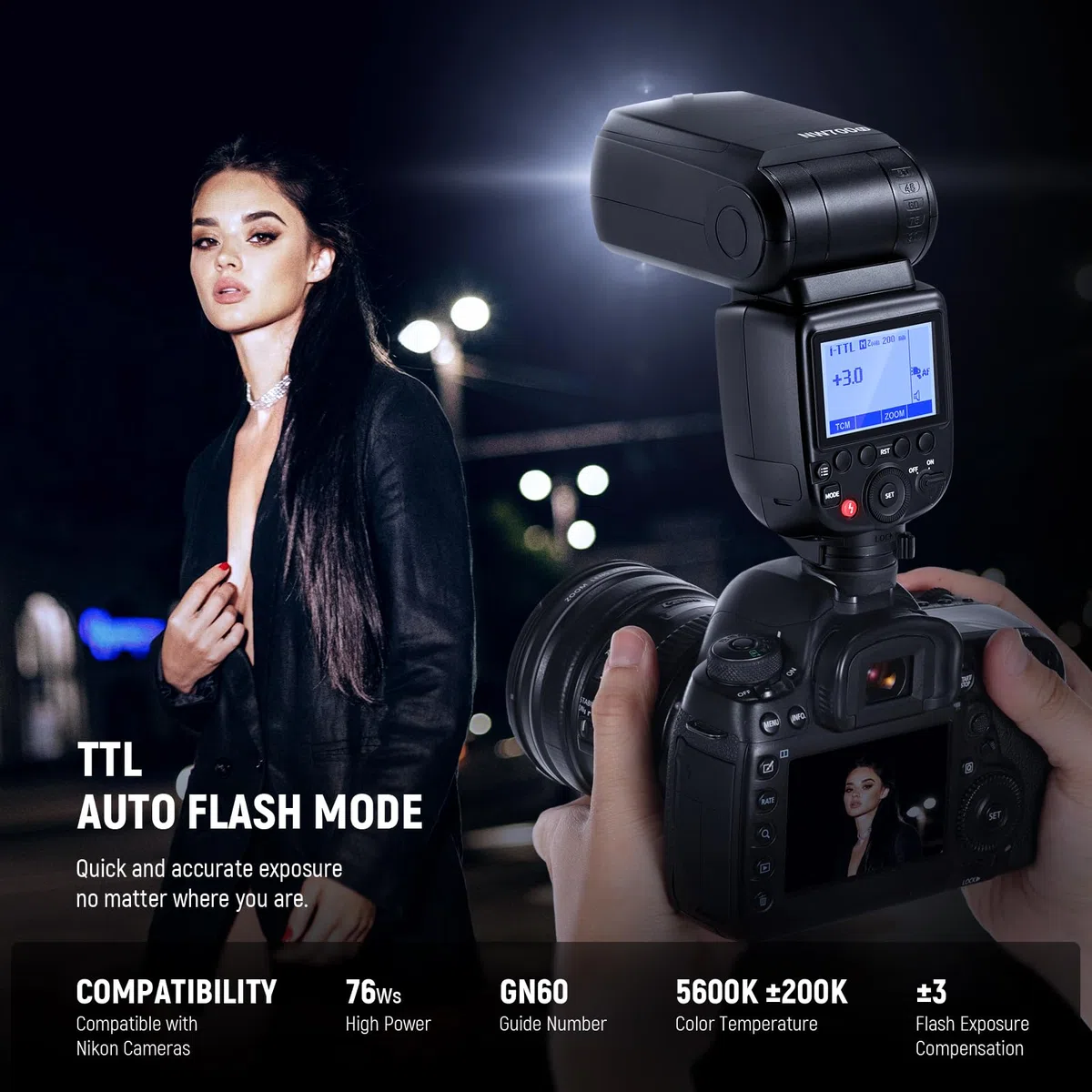 Neewer NW700-N TTL Flash Speedlite kompatybilny z aparatami Nikon DSLR, szybka synchronizacja 1/8000s, wyjście 1/1-1/256, funkcja TCM, 230 pełna moc Flash, szybki recykling 0,1-2,7 s, baterie nie są