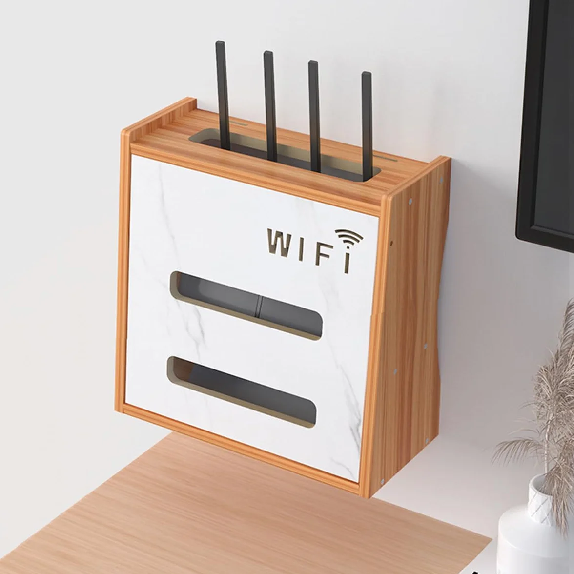 Modem, szafka modemowa, skrzynka na router, schowek na kable, 2 poziomy organizer ścienny do routerów i gniazd kasetowych (brązowy)