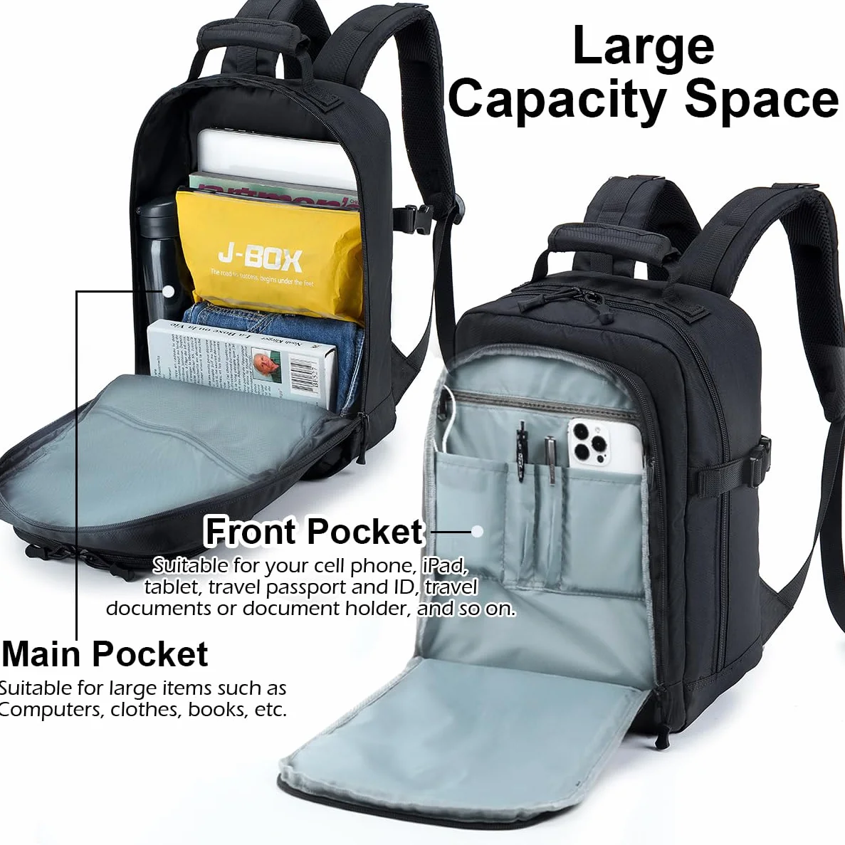 SPAHER Torba kabinowa dla linii Ryanair, 40 x 20 x 25 cm, bagaż podręczny, plecak na laptopa 15,6 cala, zatwierdzony, podróżny, torba na laptopa, torba na ramię, torba lotnicza, USB, 20 l, Czarny