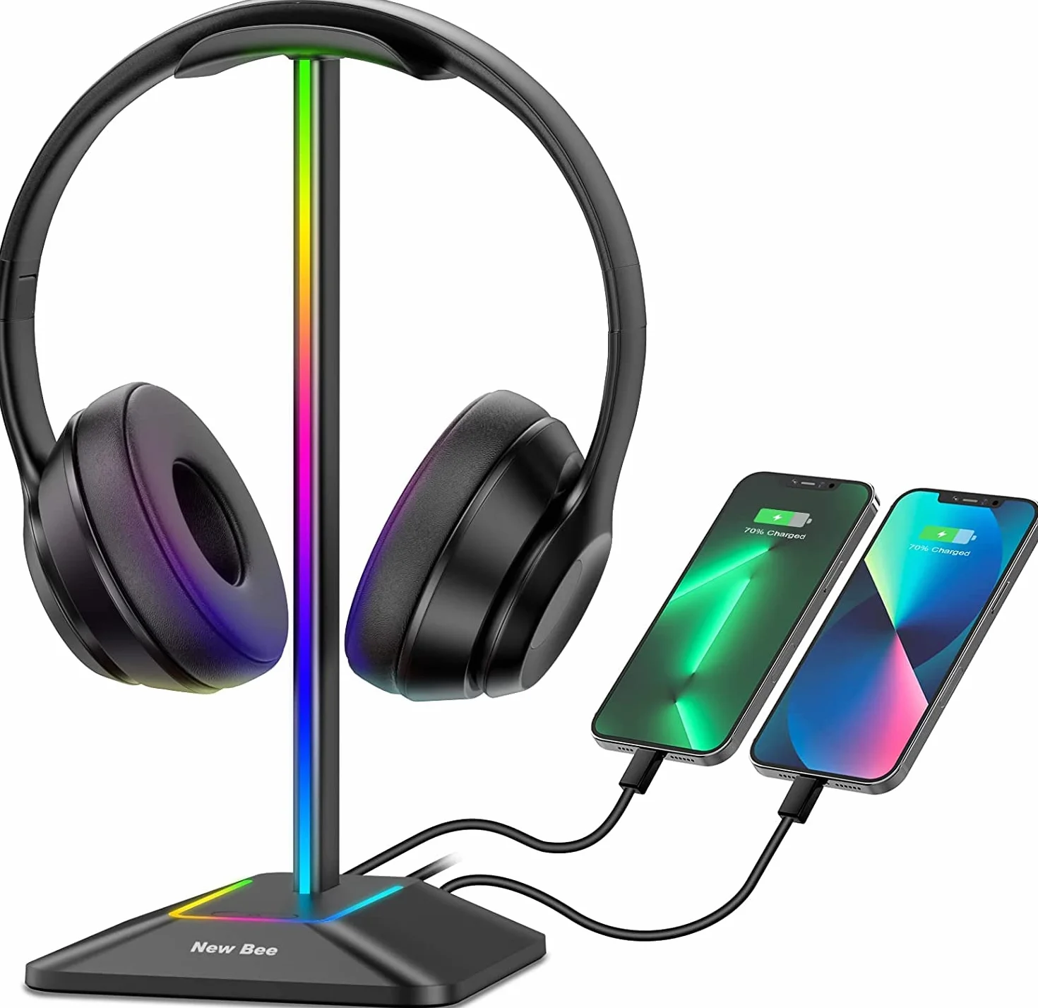 New Bee Stojak RGB na Słuchawki z Ładowarkami USB Typu C i Transmisją Danych - Uniwersalny Uchwyt do Słuchawek Gamingowych (Czarny)