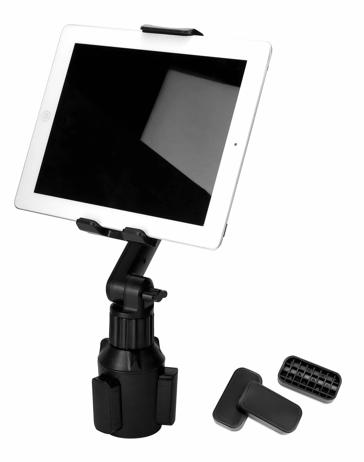 QWORK Samochodowy uchwyt na tablet, uchwyt na smartfon, rozszerzalna podstawa 60 – 110 mm – montaż na szczelinie samochodowego uchwytu na napoje
