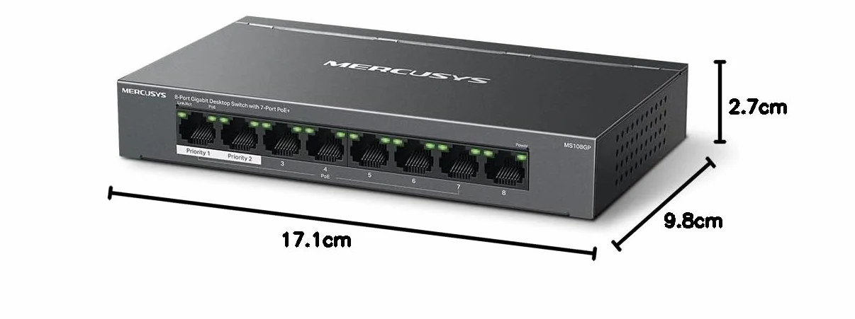Mercusys MS108GP | 8-Portowy Przełącznik Gigabitowy | 7× Portów PoE+ | Budżet PoE 65W | Tryby Extend i Isolation | Metalowa Obudowa | Plug & Play