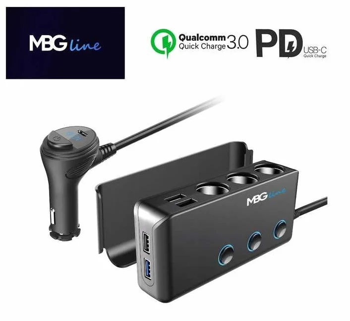 Ładowarka USB multiport| Rozdzielacz gniazda zapalniczki samochodowej HC67C 120W | 3 Gniazda 12V z włącznikami i woltomierzem, Adapter do pojazdów