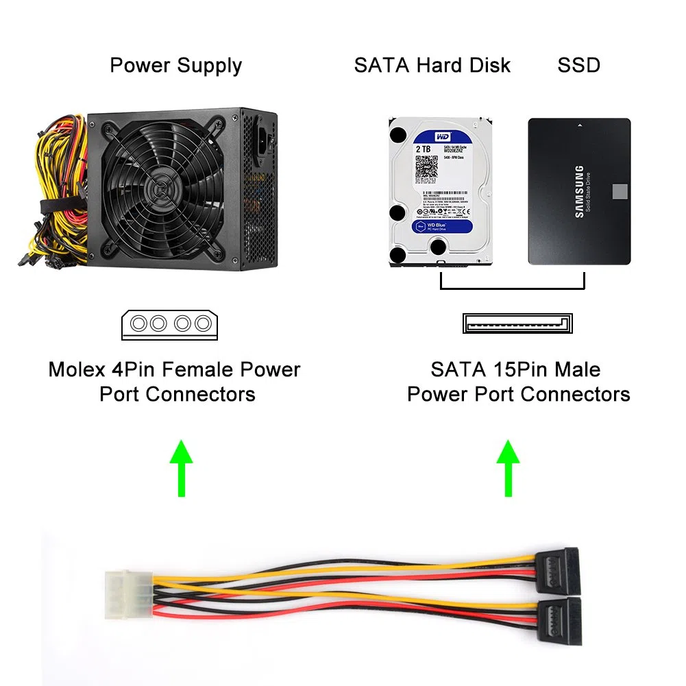 J&D 2er Pack 4 Pin Molex (LP4) auf 2X 15 Pin SATA Stromkabel Splitter Kabel Adapter - 20cm