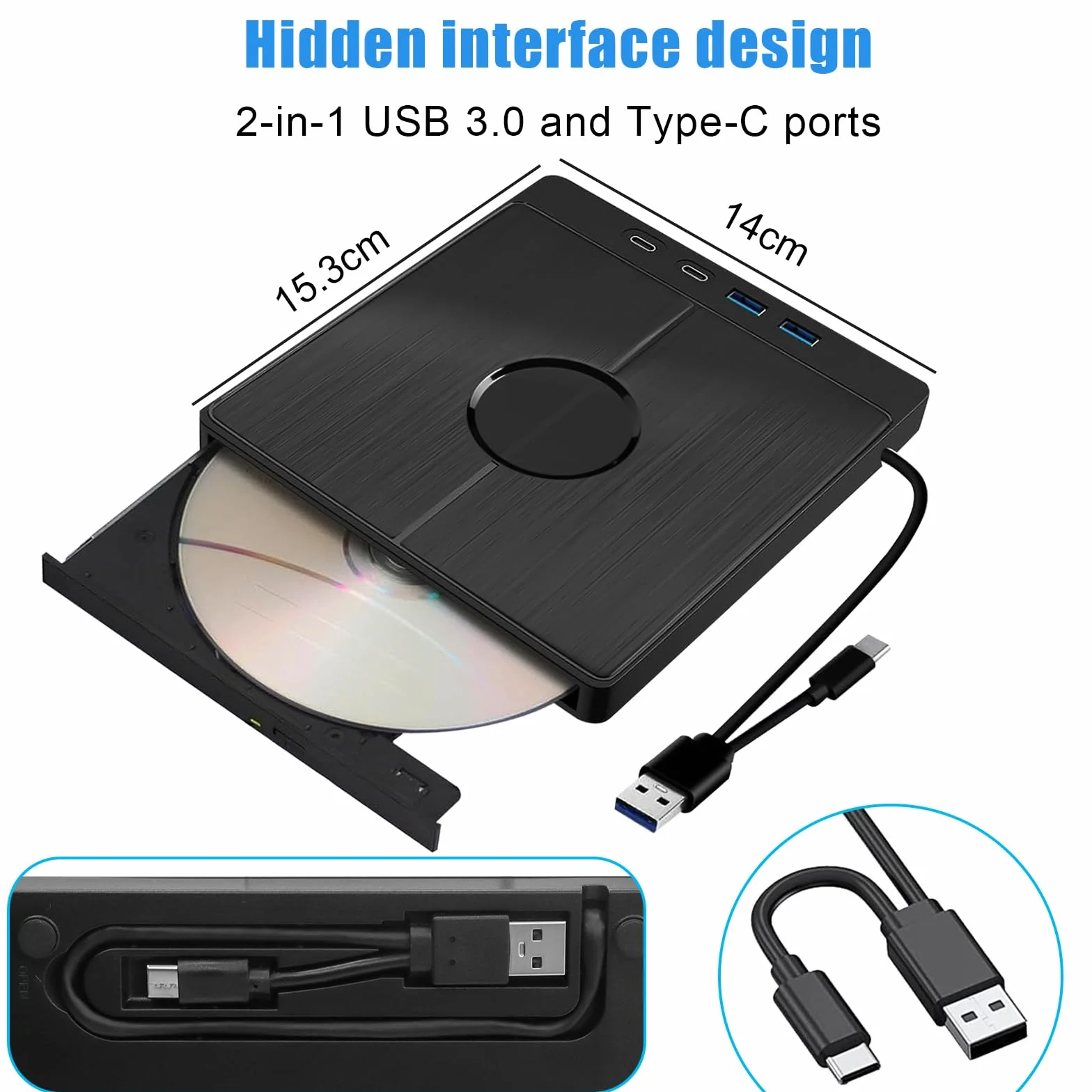 Zewnętrzny napęd CD/DVD, USB 3.0 Type-C, przenośna nagrywarka CD/DVD +/-RW z czytnikiem kart USB/SD/TF, do komputera, laptopa, MacBooka, Win11/10/8/7/XP