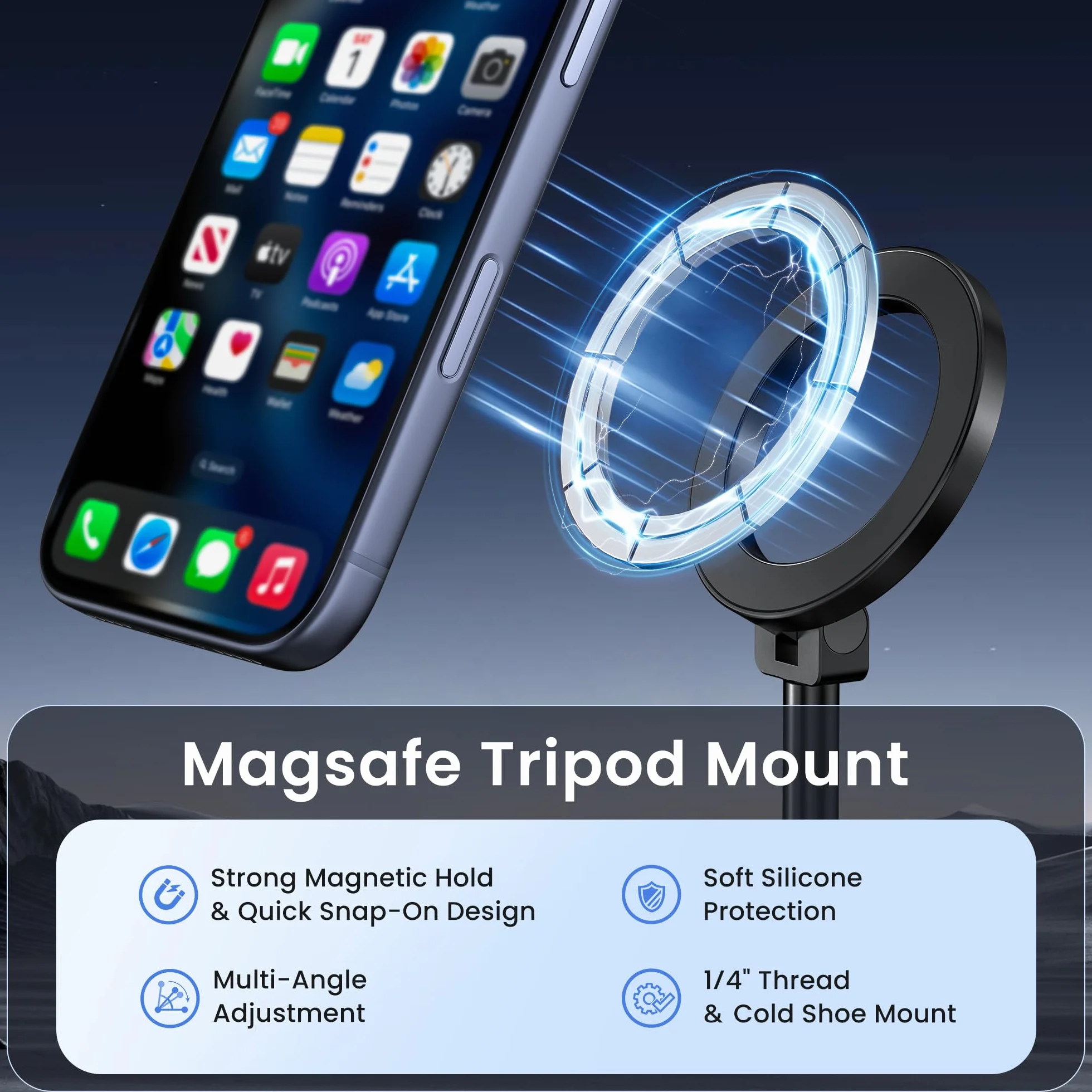 Itramax Magnetyczny Uchwyt Statywowy Na Telefon,360° Obrotowy Uchwyt Mag/Safe Z Zimną Stopką,Adapter Statywowy Do Telefonu Z Gwintem 1/4",Dla iPhone 17 Pro Max 16 15 14 13,Galaxy,Canon Aparaty DSLR