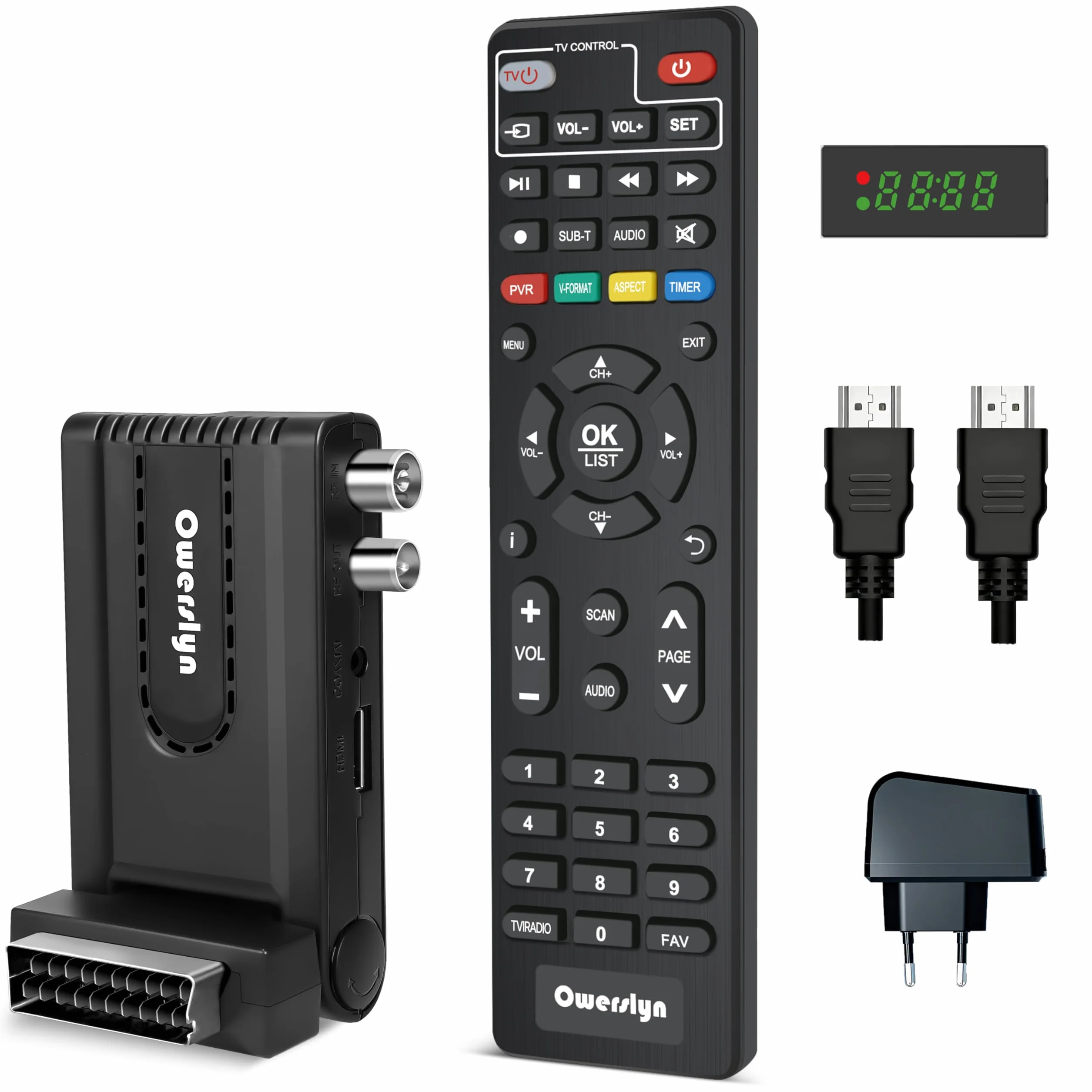 Dekoder cyfrowy naziemny 2024, OWERSLYN DVB-T2 HD 1080P, H265, HEVC, główny 10-bitowy, HDMI CEC, obsługa wyjścia HDMI/Scart i USB Multimedial/PVR [pilot 2w 1 z kontrolami TV]