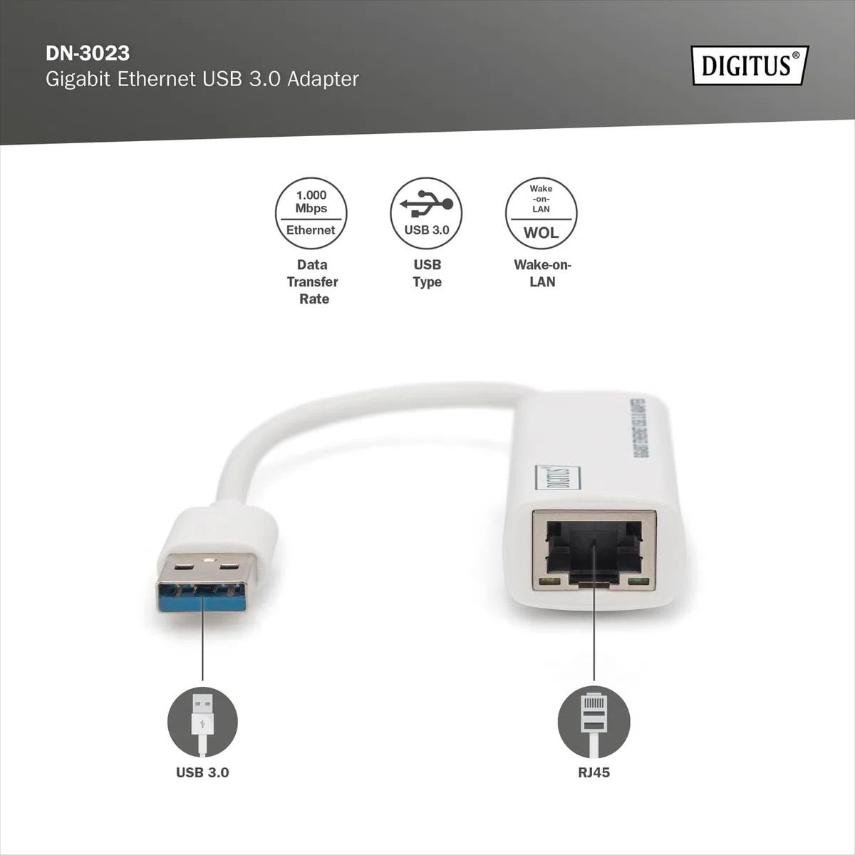 DIGITUS adapter sieciowy przez USB 3.0 – Gigabit Ethernet 1 GBit/s RJ45 – dodatkowe połączenie LAN za pomocą wtyczki USB-A