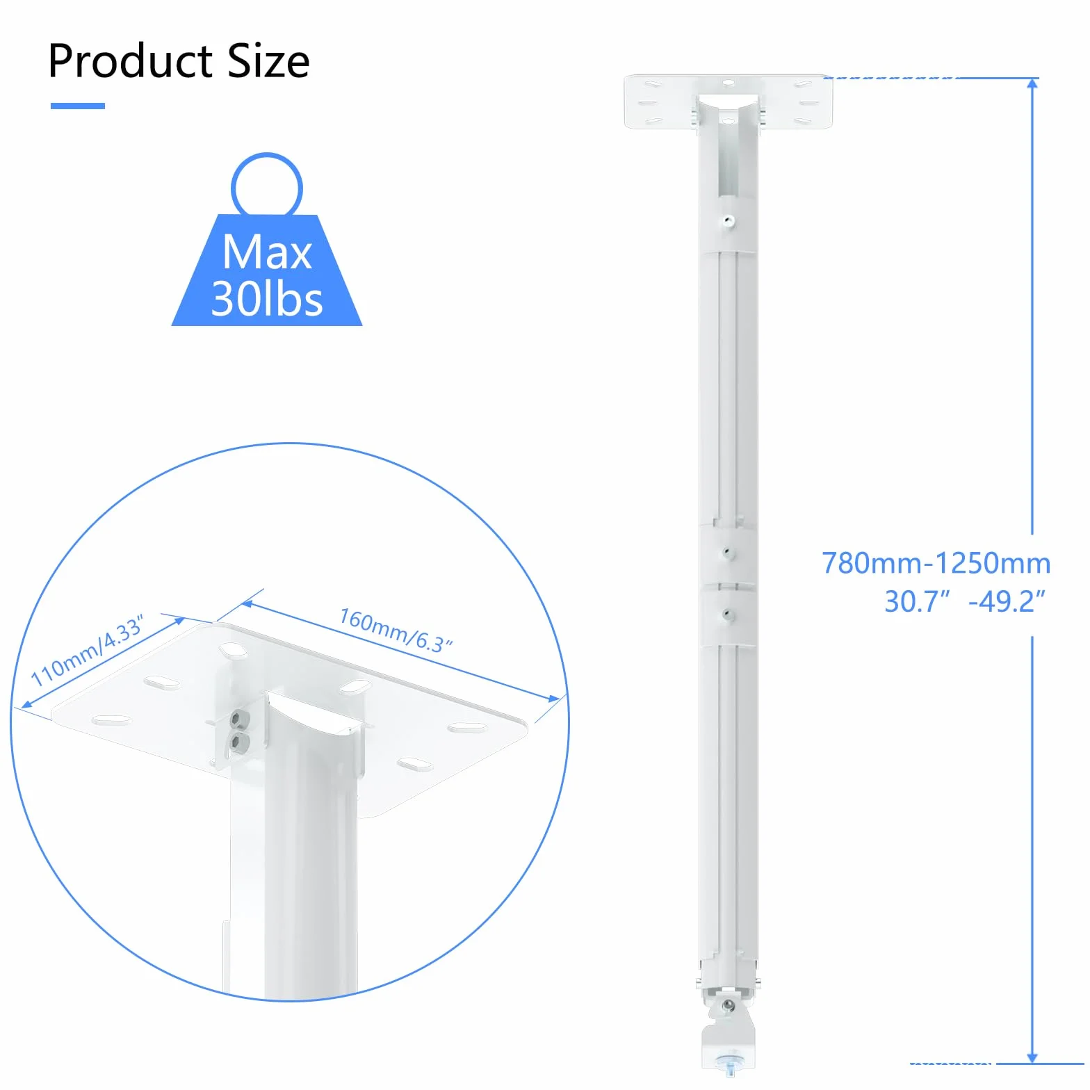 Suptek Przedłużony mini projektor 125 cm uchwyt sufitowy regulowany ścienny z adapterami gwintowanymi PR05LMINIW