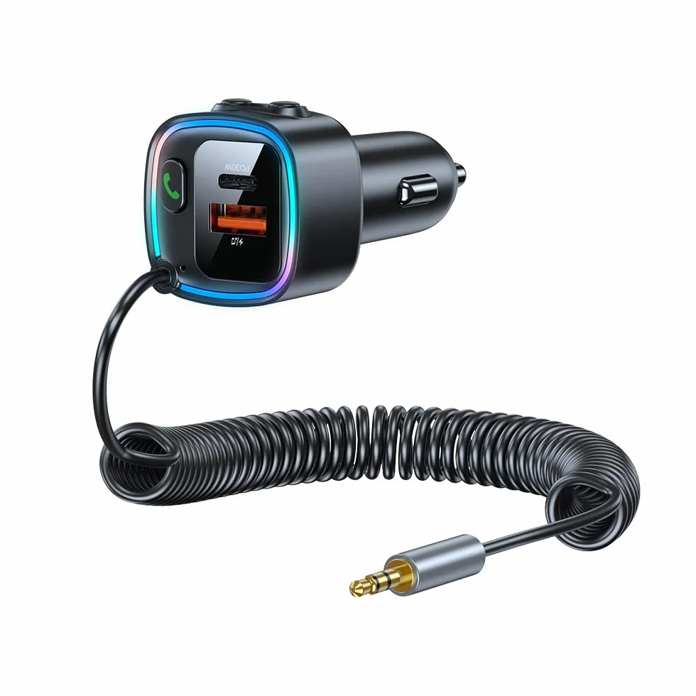 Adapter Bluetooth Aux 5.4 USB C do zapalniczki samochodowej z kablem spiralnym jack 3,5 mm, szybka ładowarka PD 30W QC 12W