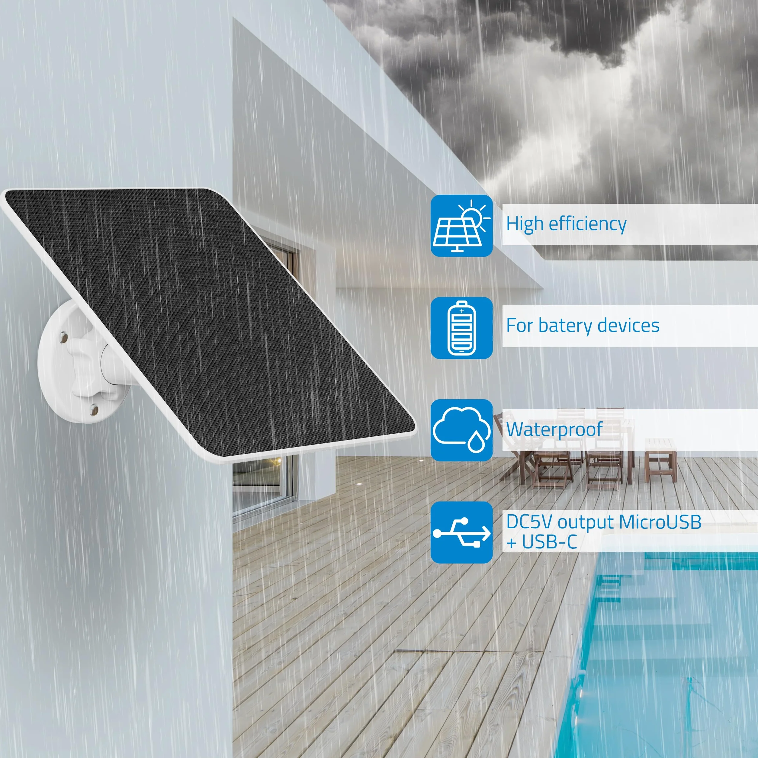 NIVIAN Panel słoneczny 6 W do kamer bezpieczeństwa IP, złącze USB typu C i adapter micro USB, łatwa instalacja z regulowanym uchwytem, biały, 1 sztuka, tworzywo sztuczne