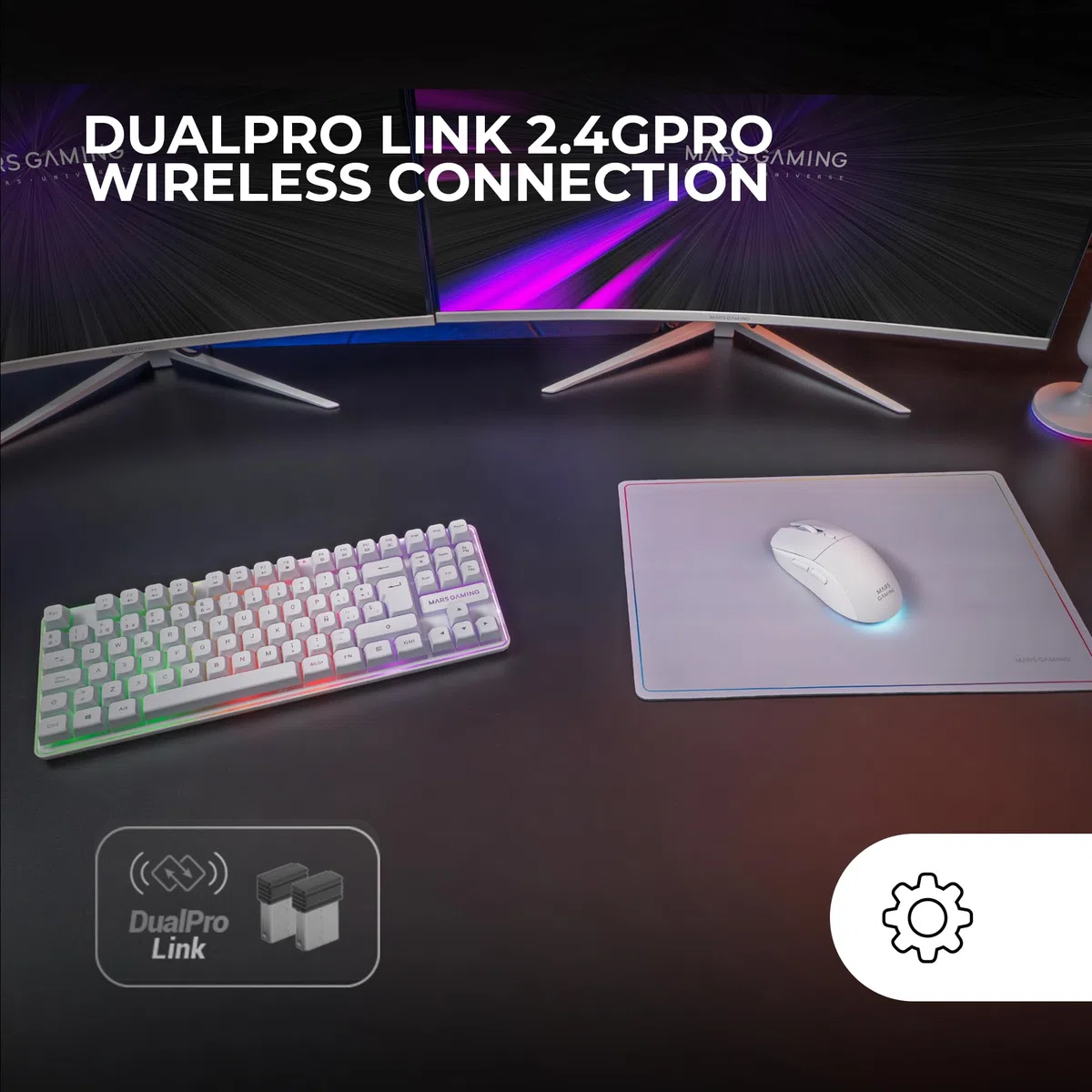 Mars Gaming MCPWTKL, Bezprzewodowy Zestaw Gaming, Technologia DualPro Link 2.4GPRO, Klawiatura TKL FRGB Rainbow + Mysz RGB 3200DPI z Przełącznikami HUANO + Podkładka 360x260mm, Biały, Włoski